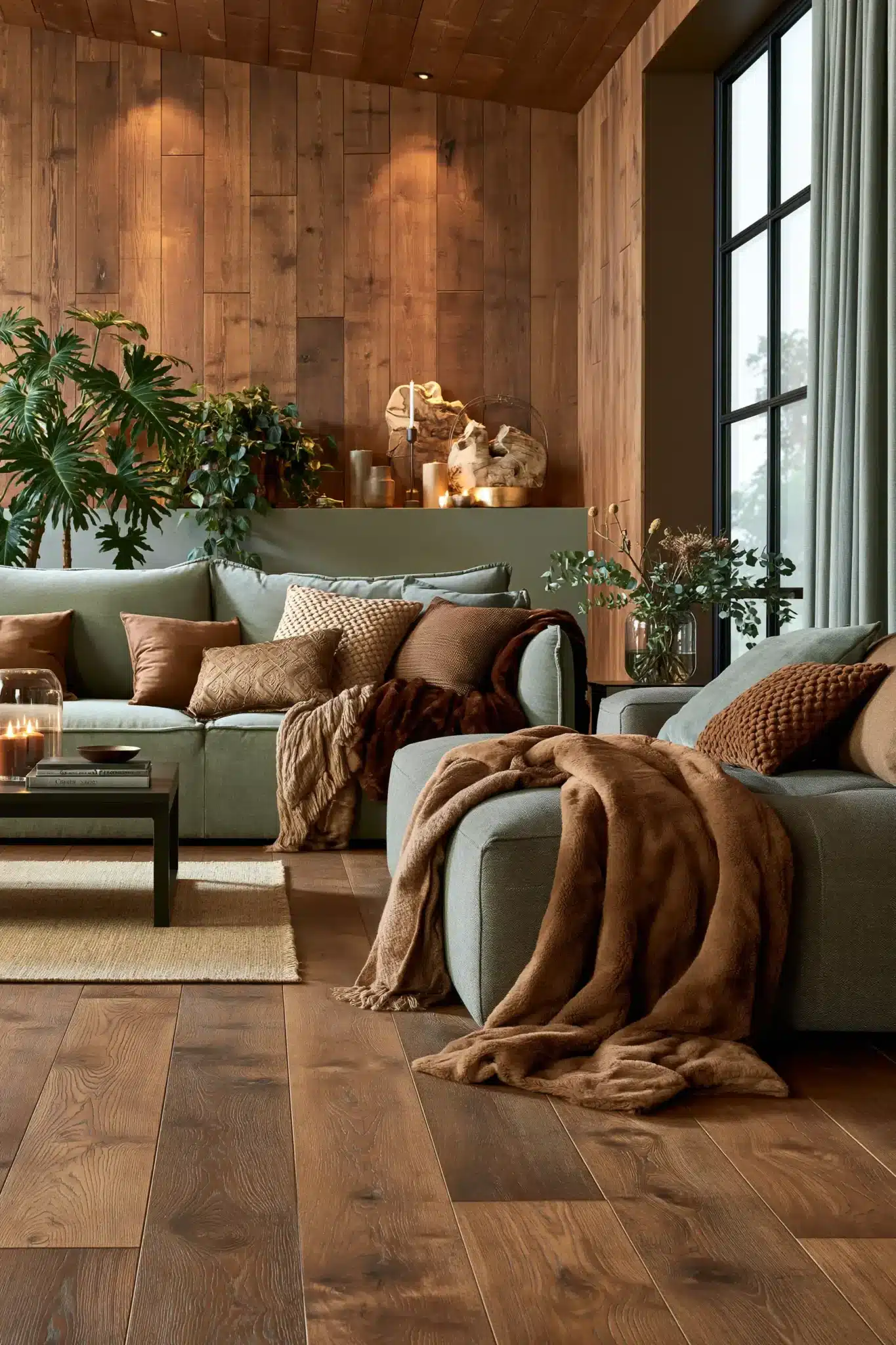 sage green and brown living room