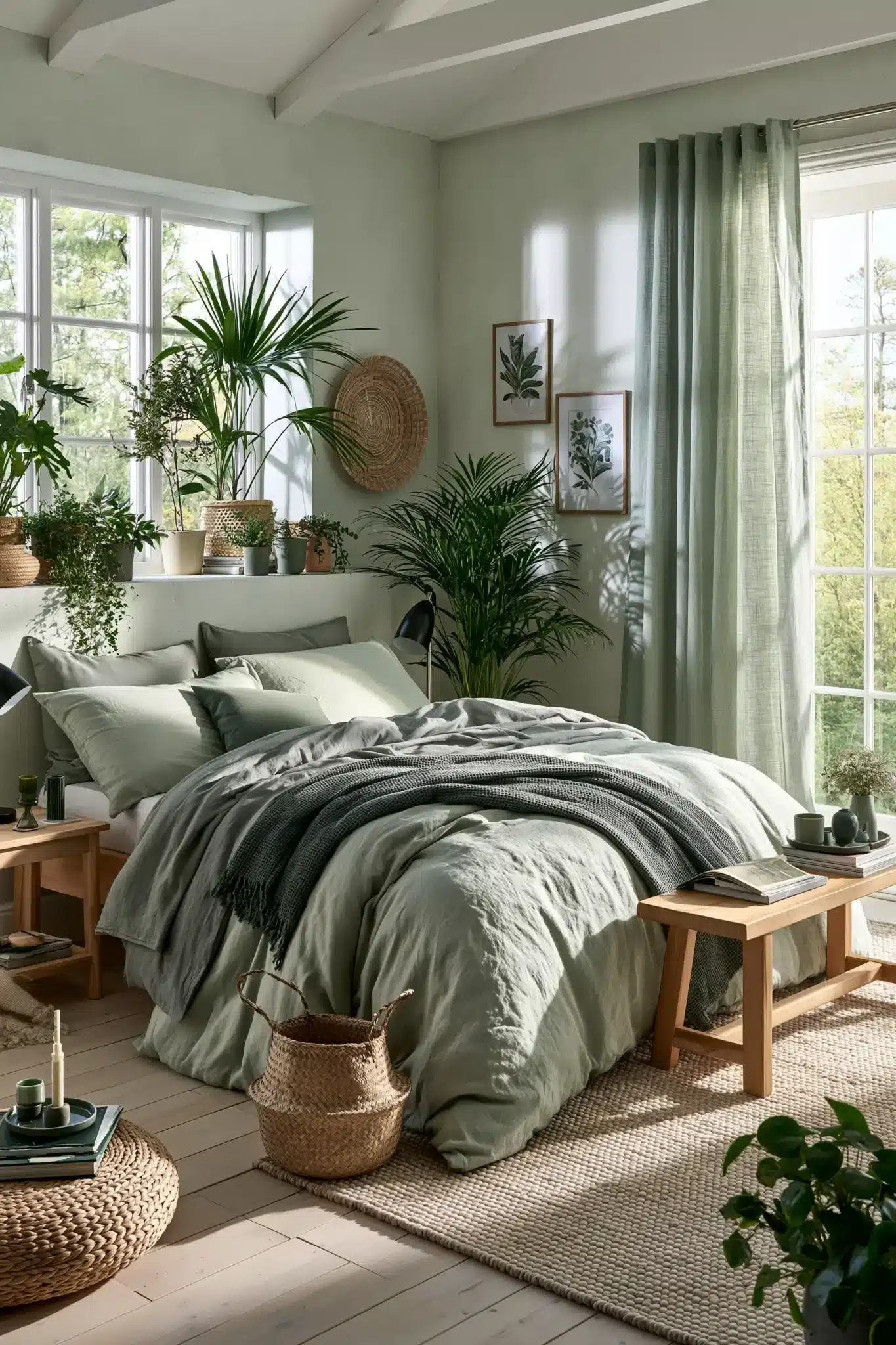 sage green and grey bedroom