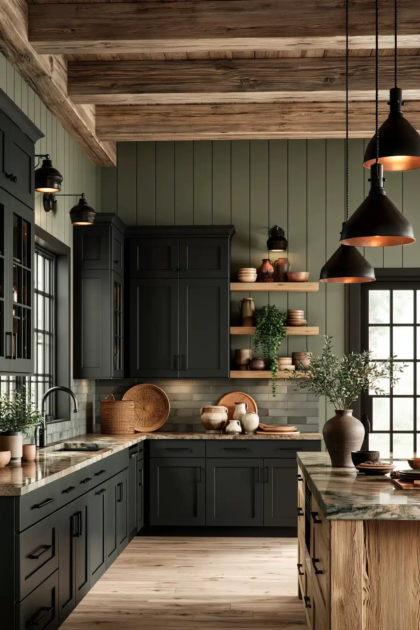 sage green and black kitchen