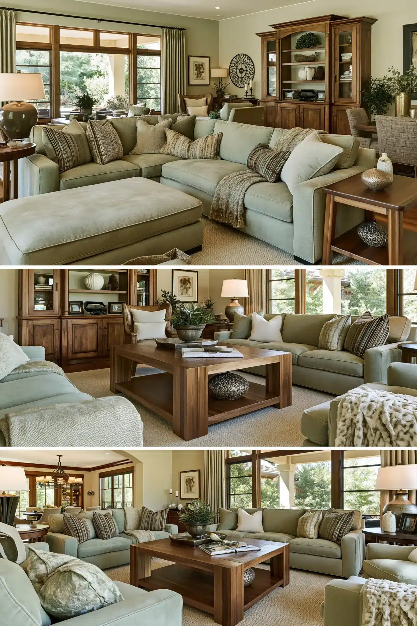 sage green and brown living room