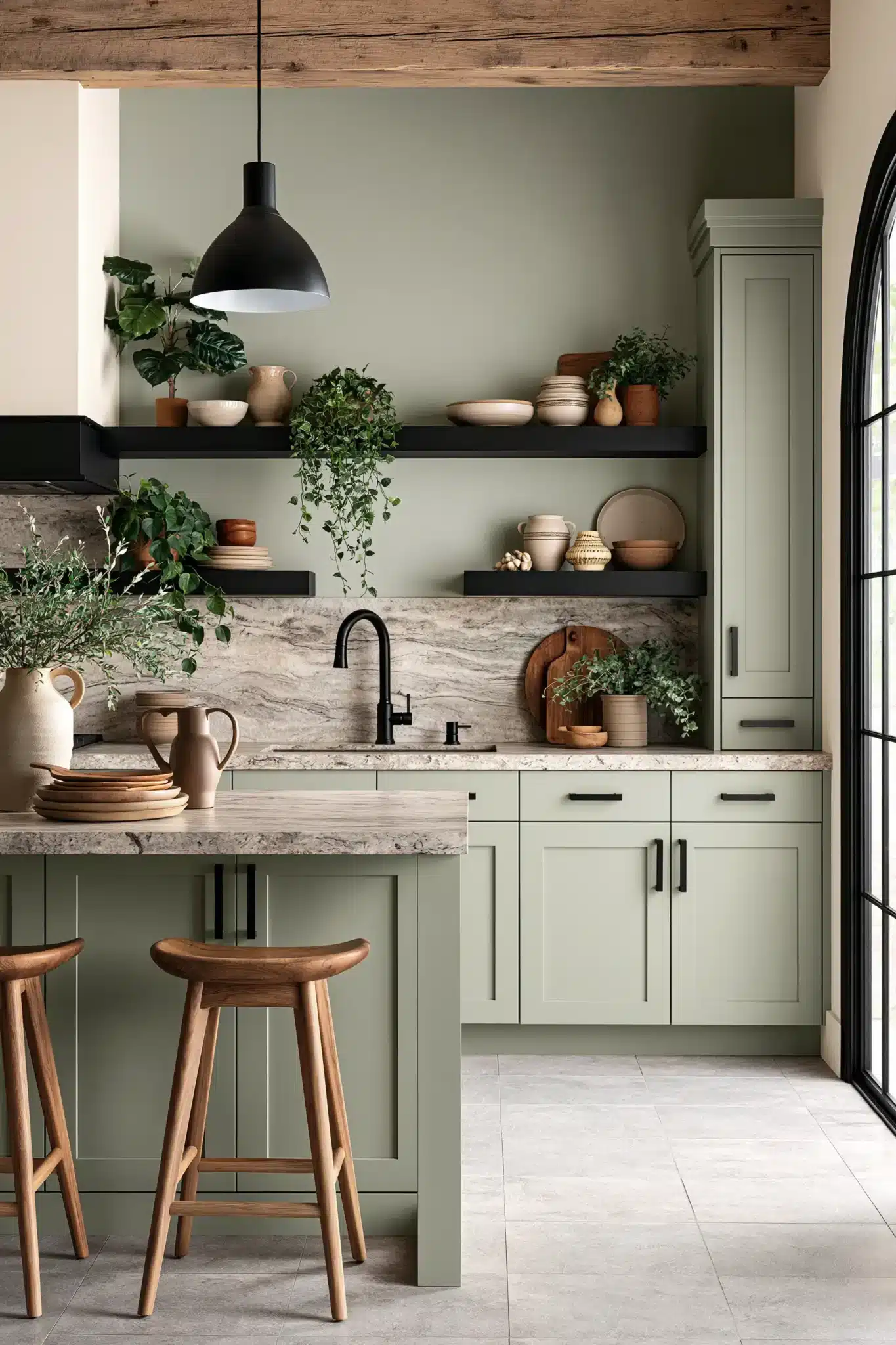 sage green and black kitchen