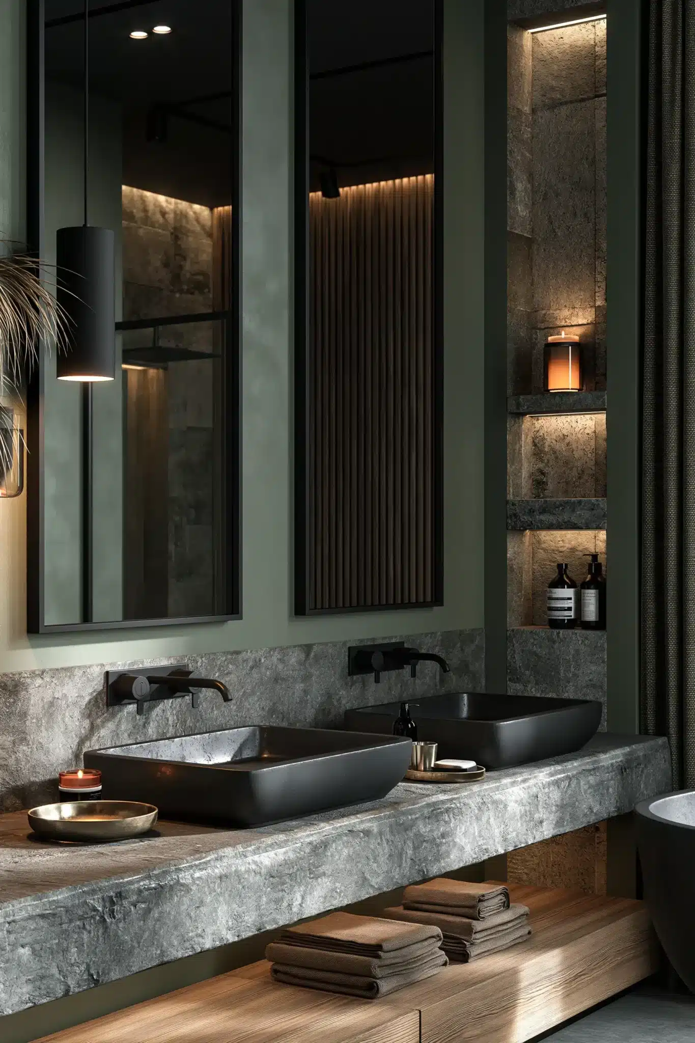 sage green and black bathroom