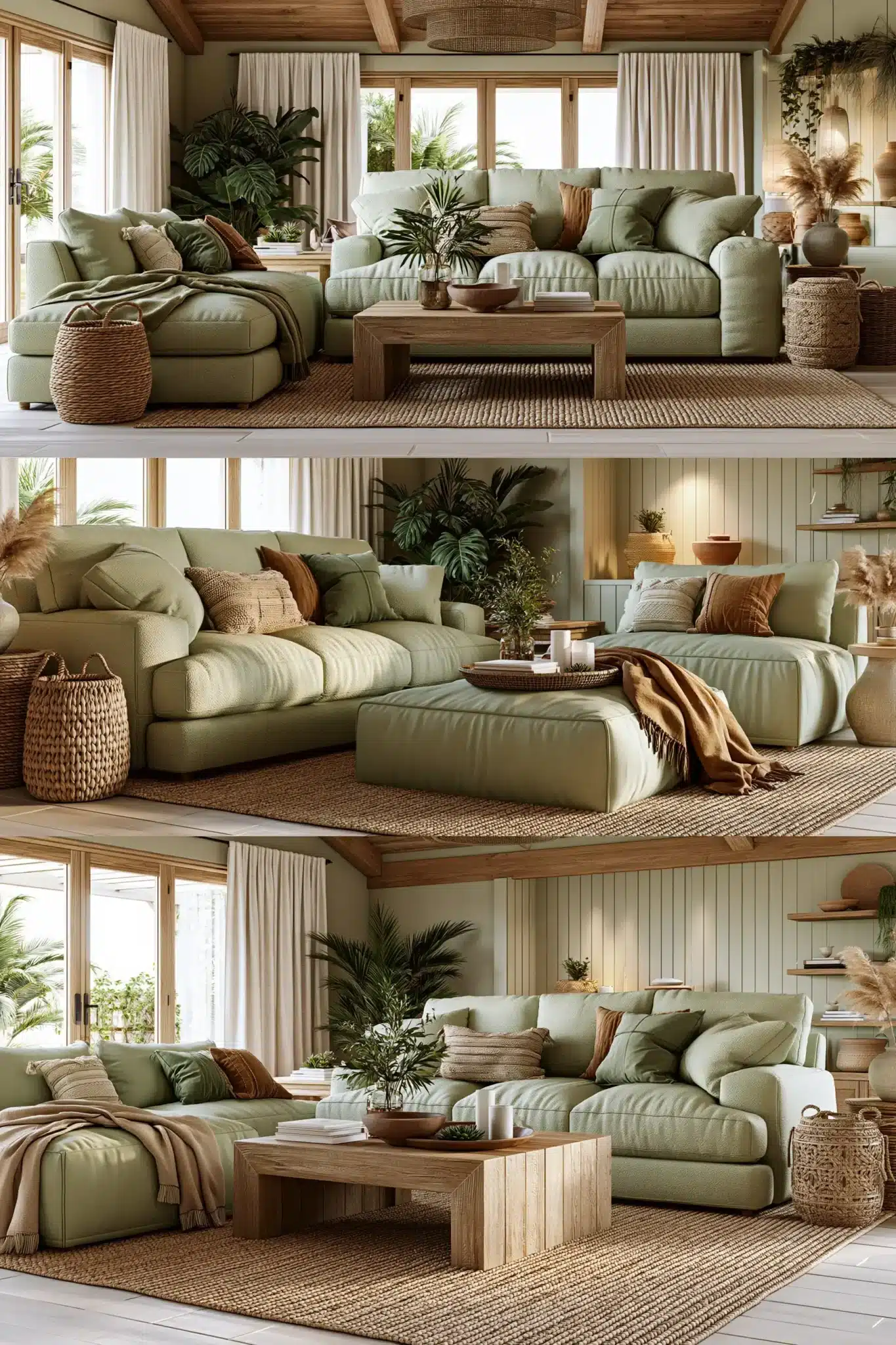 sage green and brown living room
