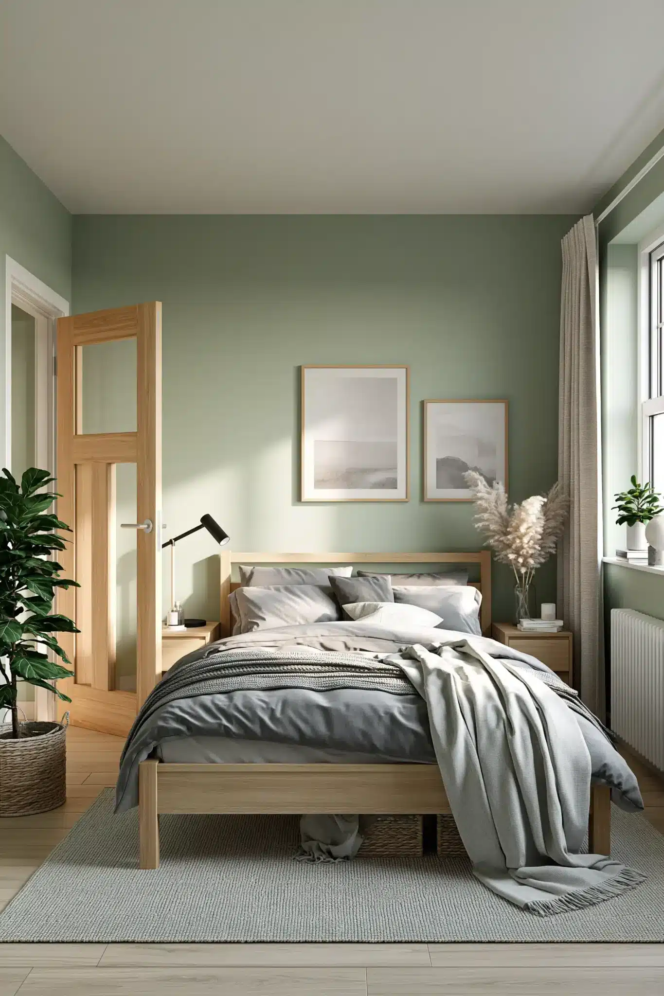 sage green and grey bedroom