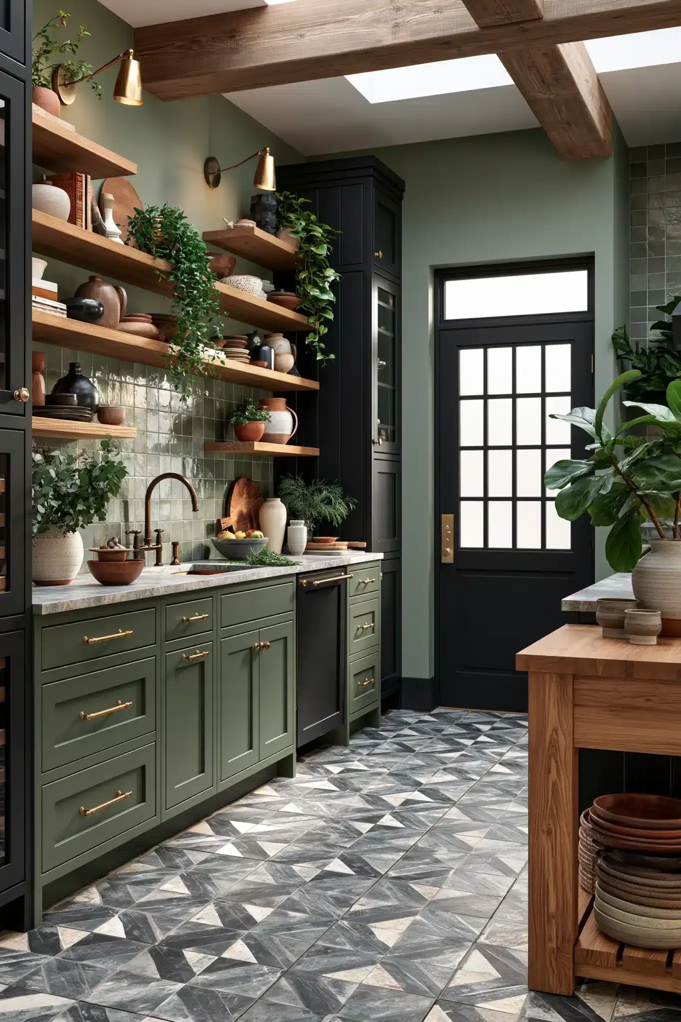 sage green and black kitchen