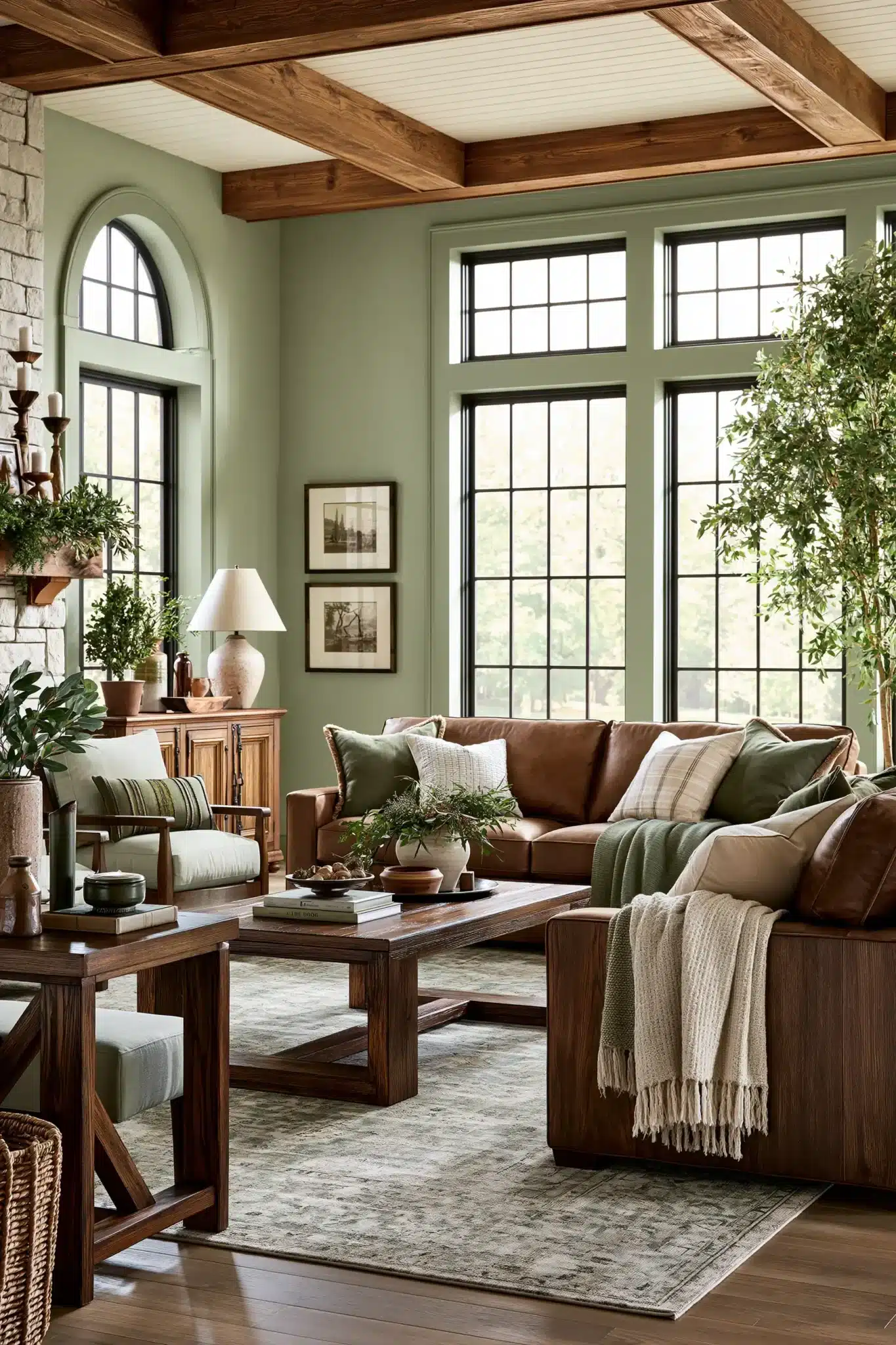 sage green and brown living room