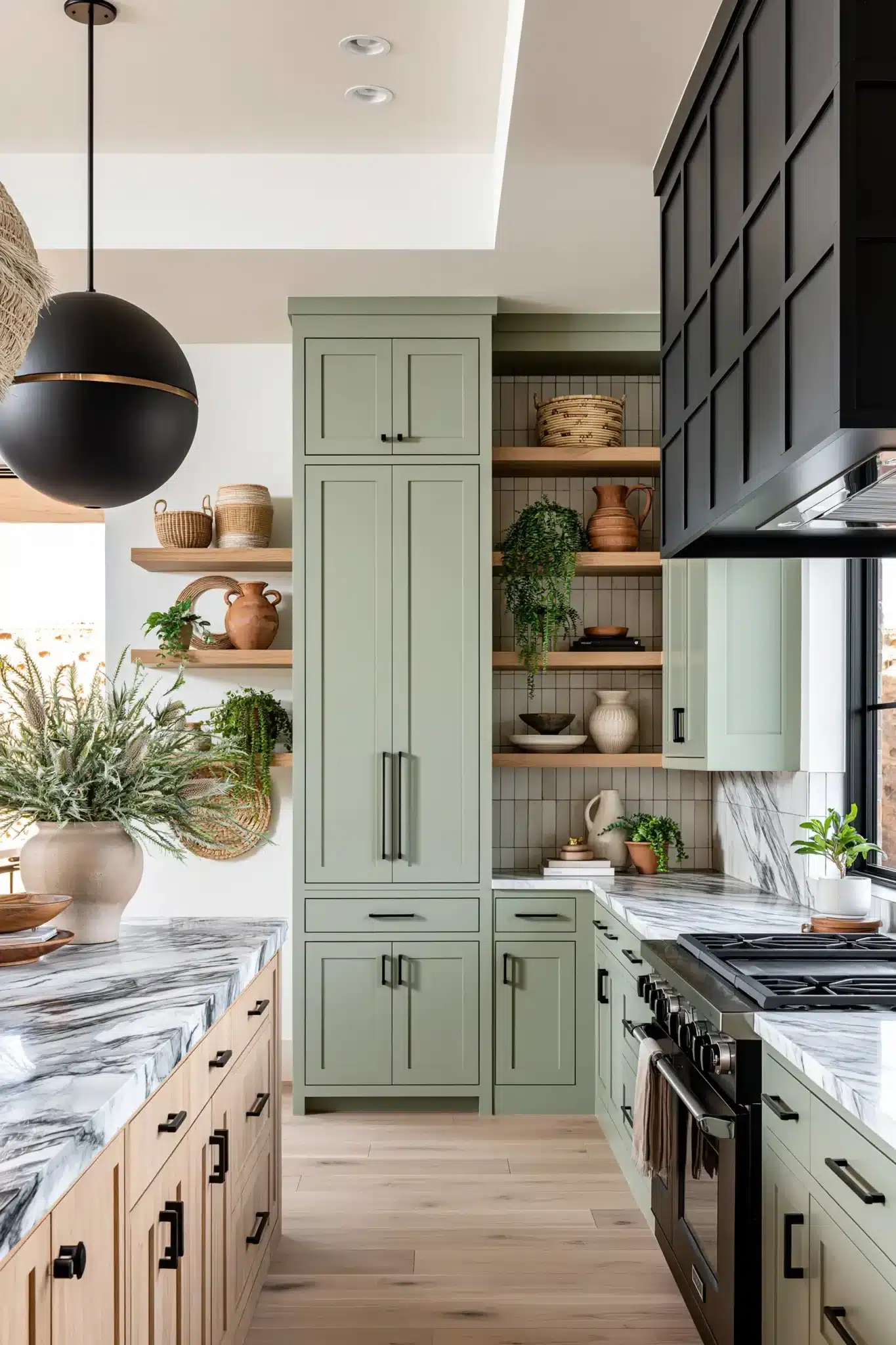 sage green and black kitchen