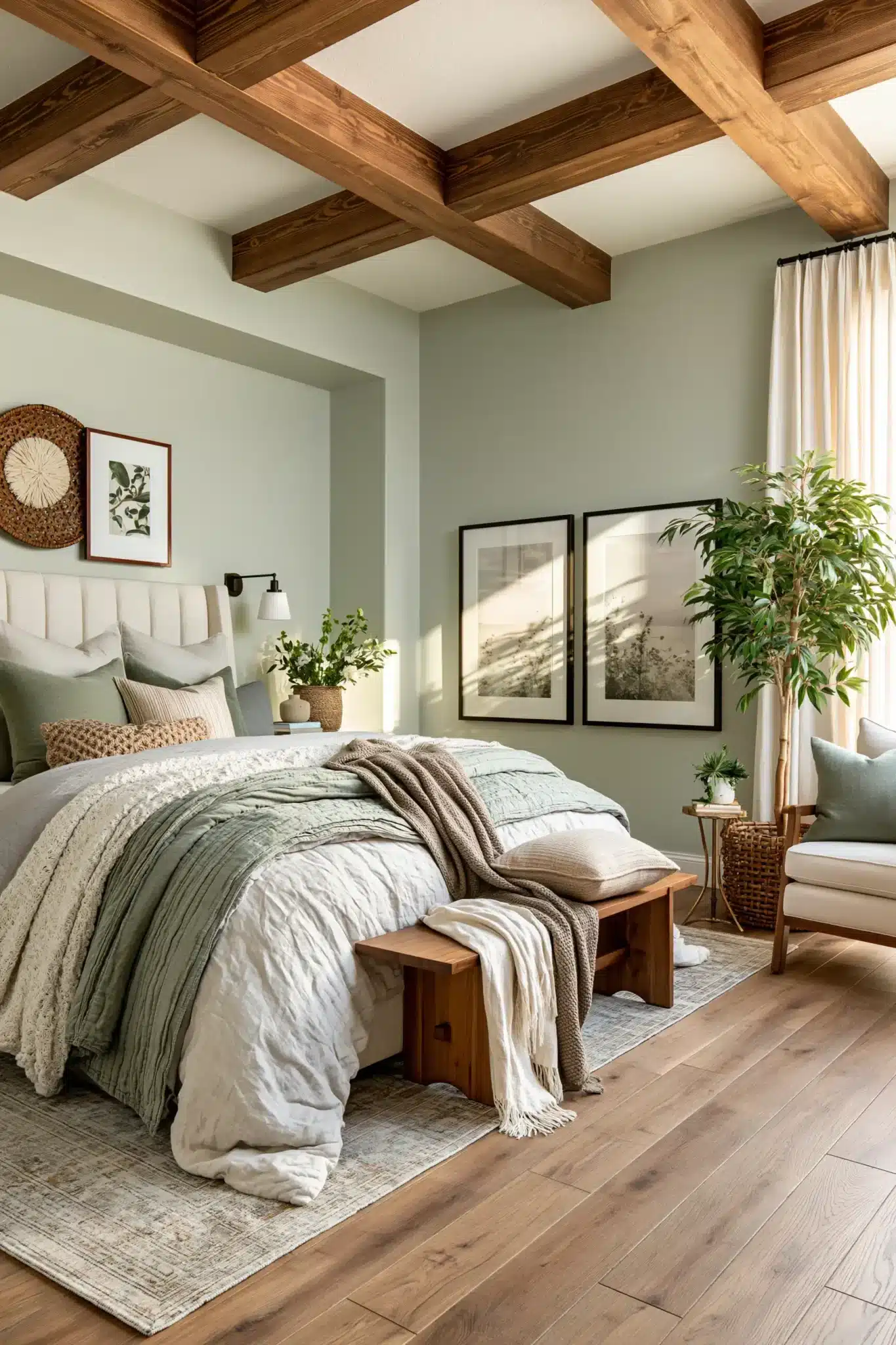 sage green and grey bedroom