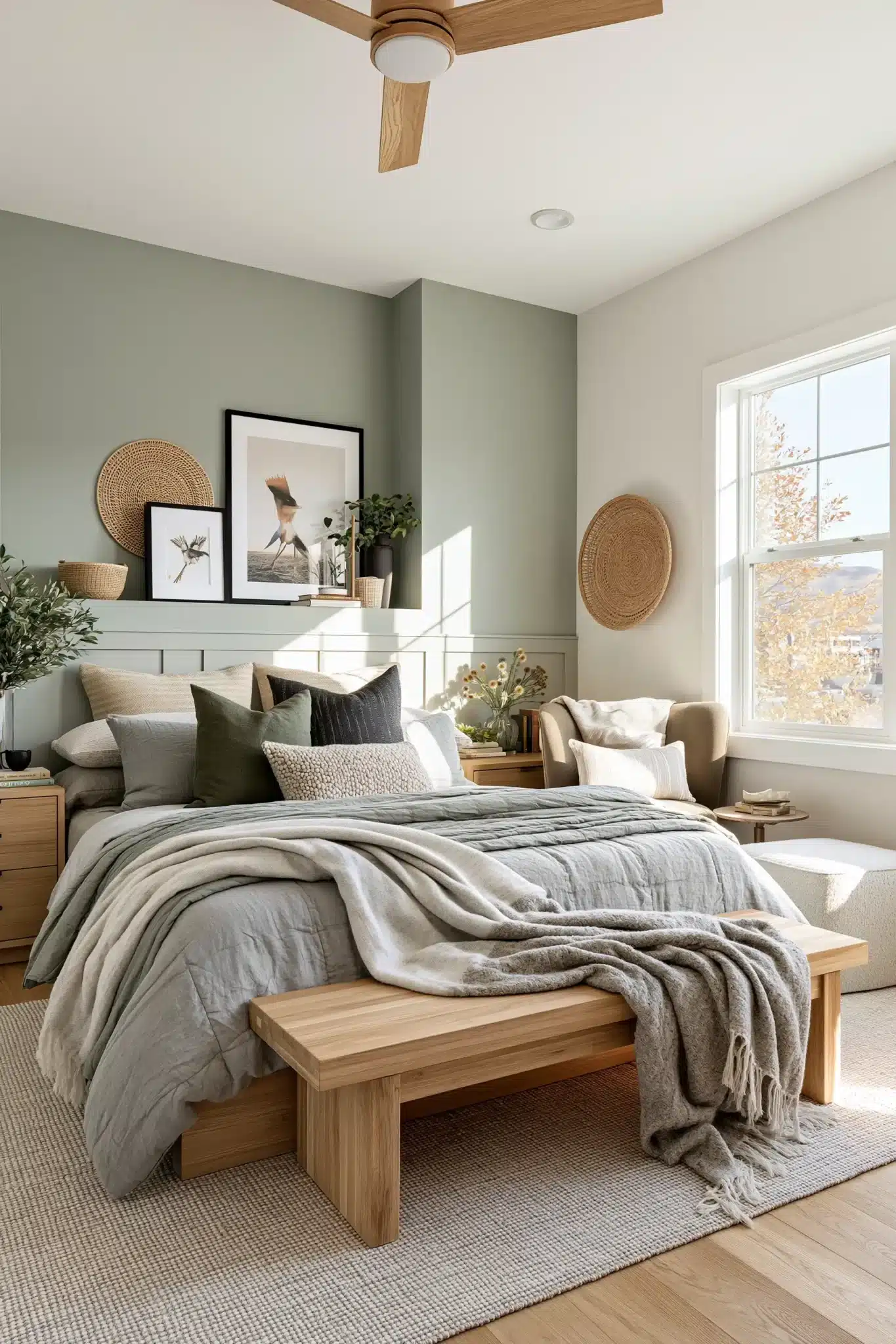 sage green and grey bedroom