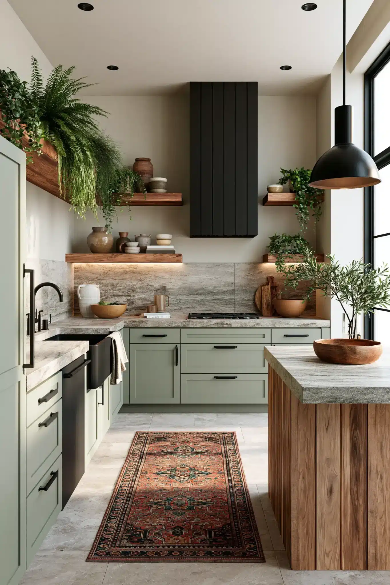 sage green and black kitchen