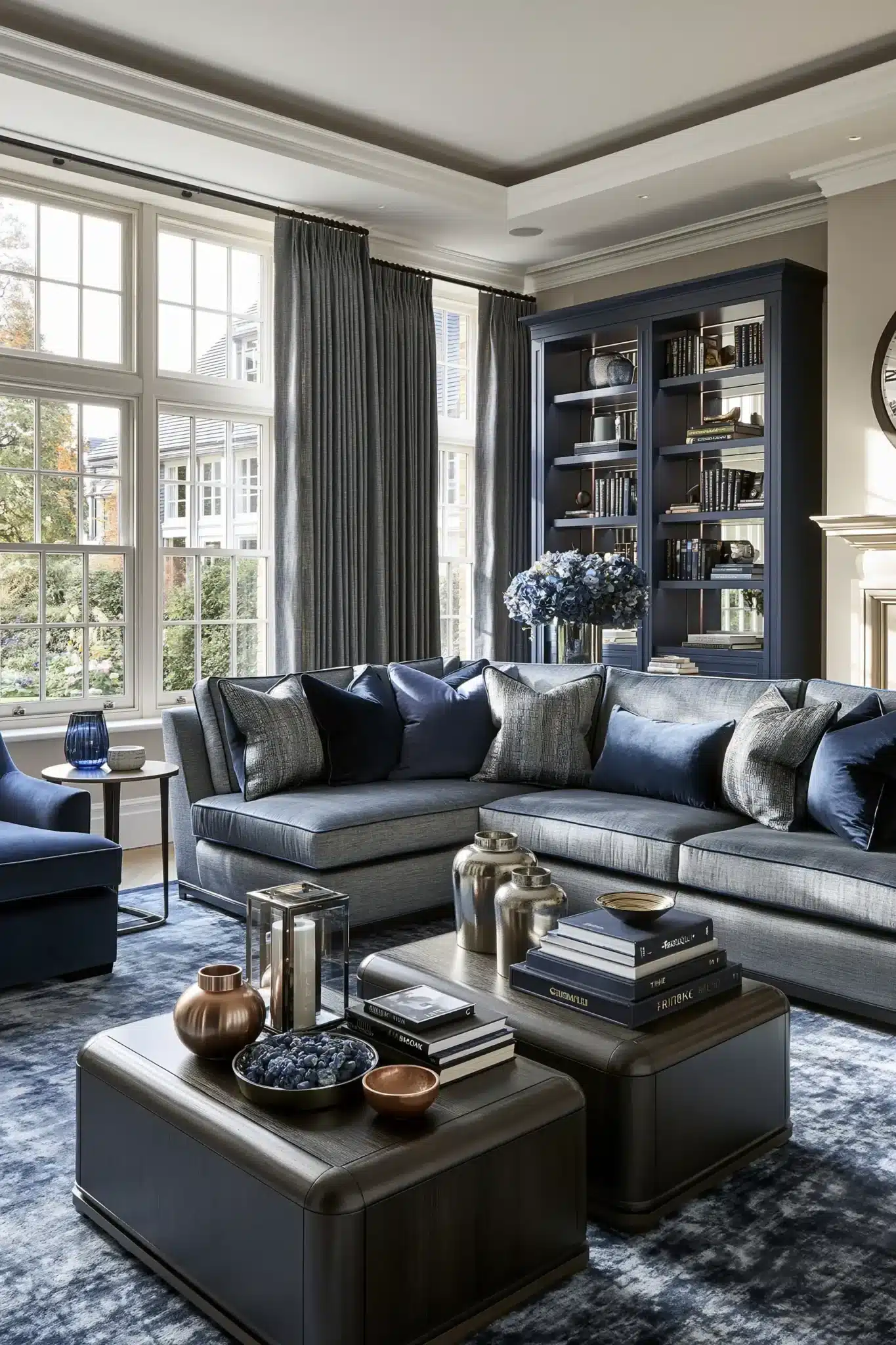 navy blue and grey living room