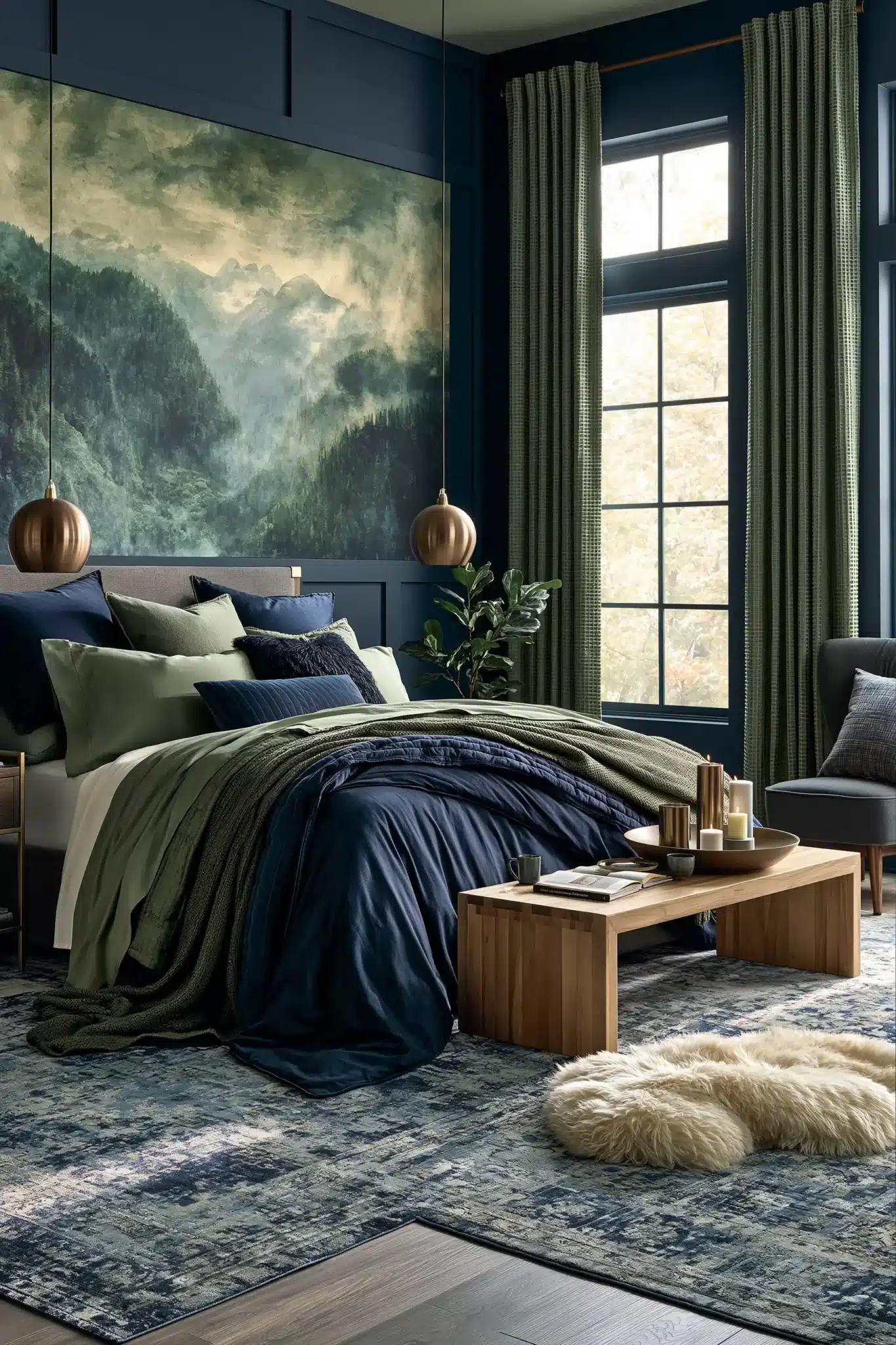 navy blue and green bedroom