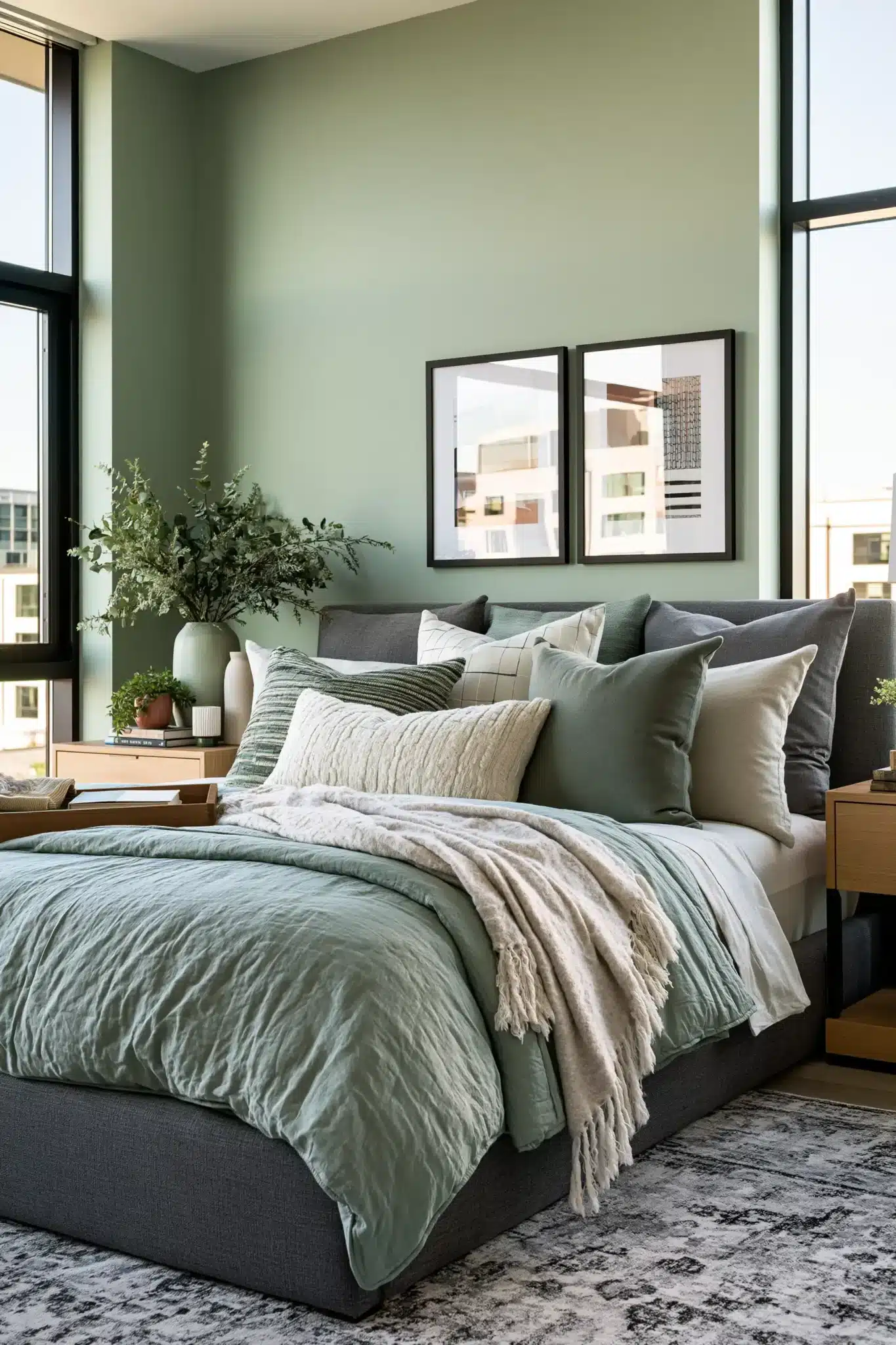 sage green and grey bedroom