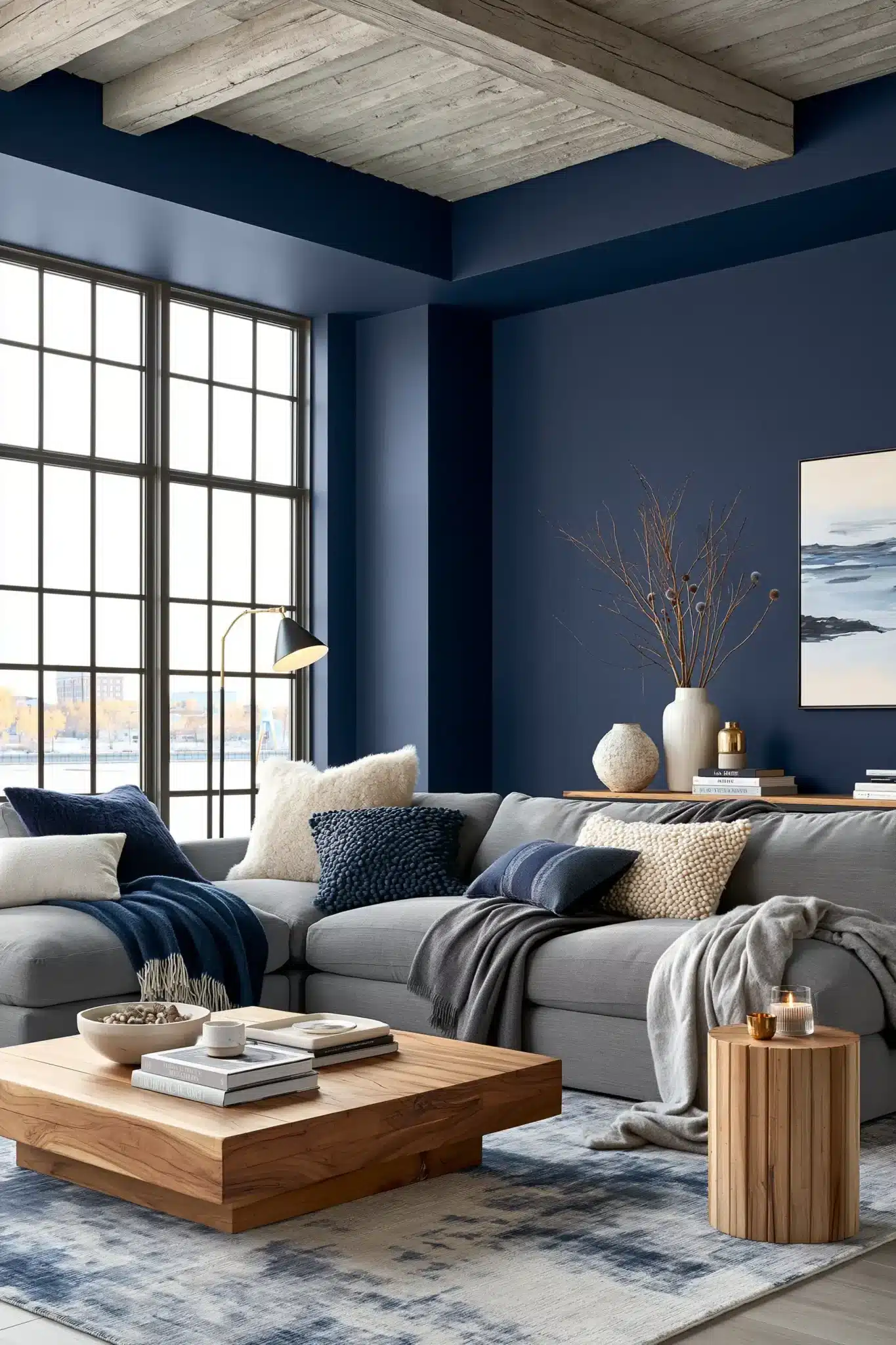 navy blue and grey living room