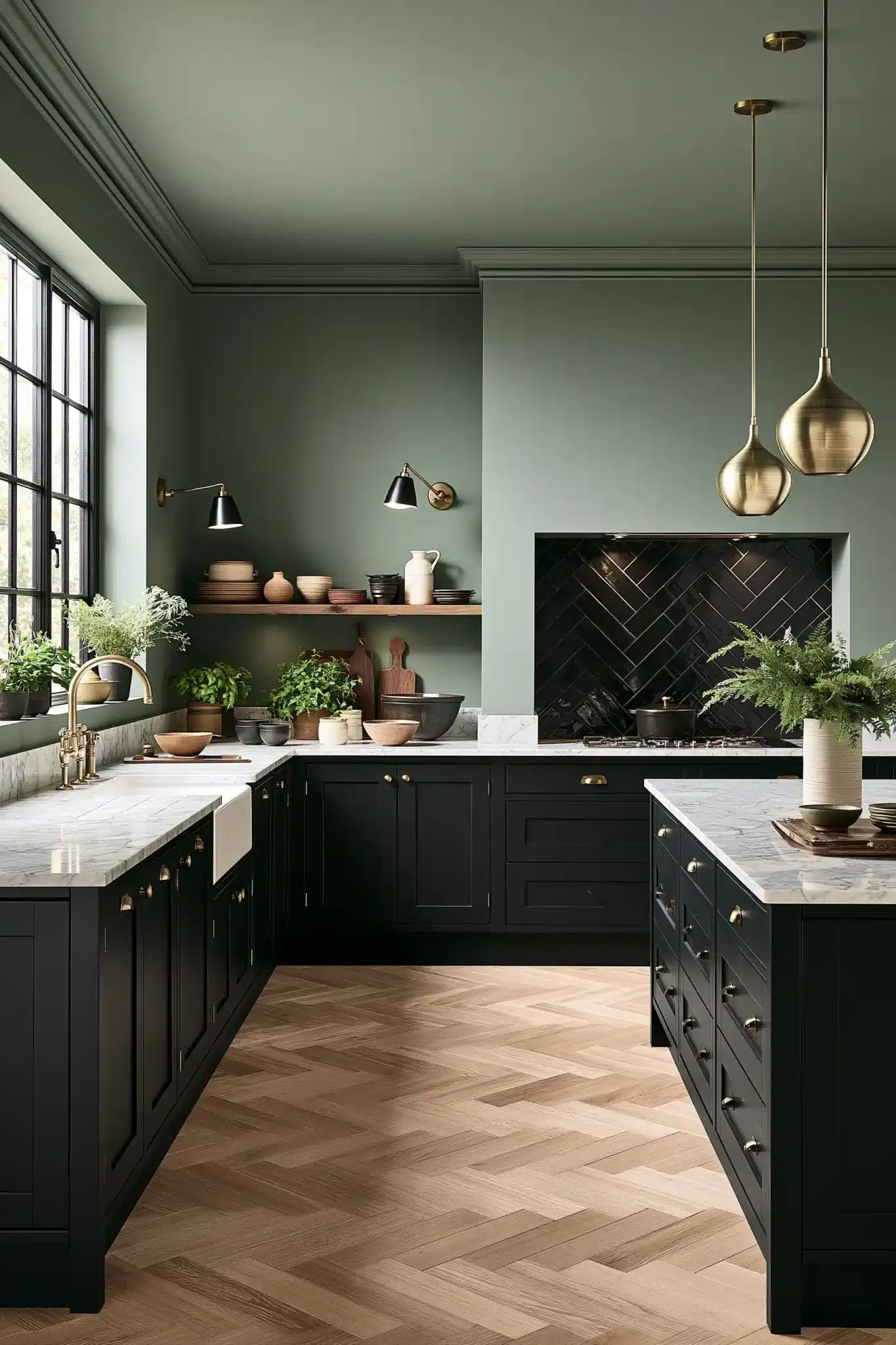 sage green and black kitchen