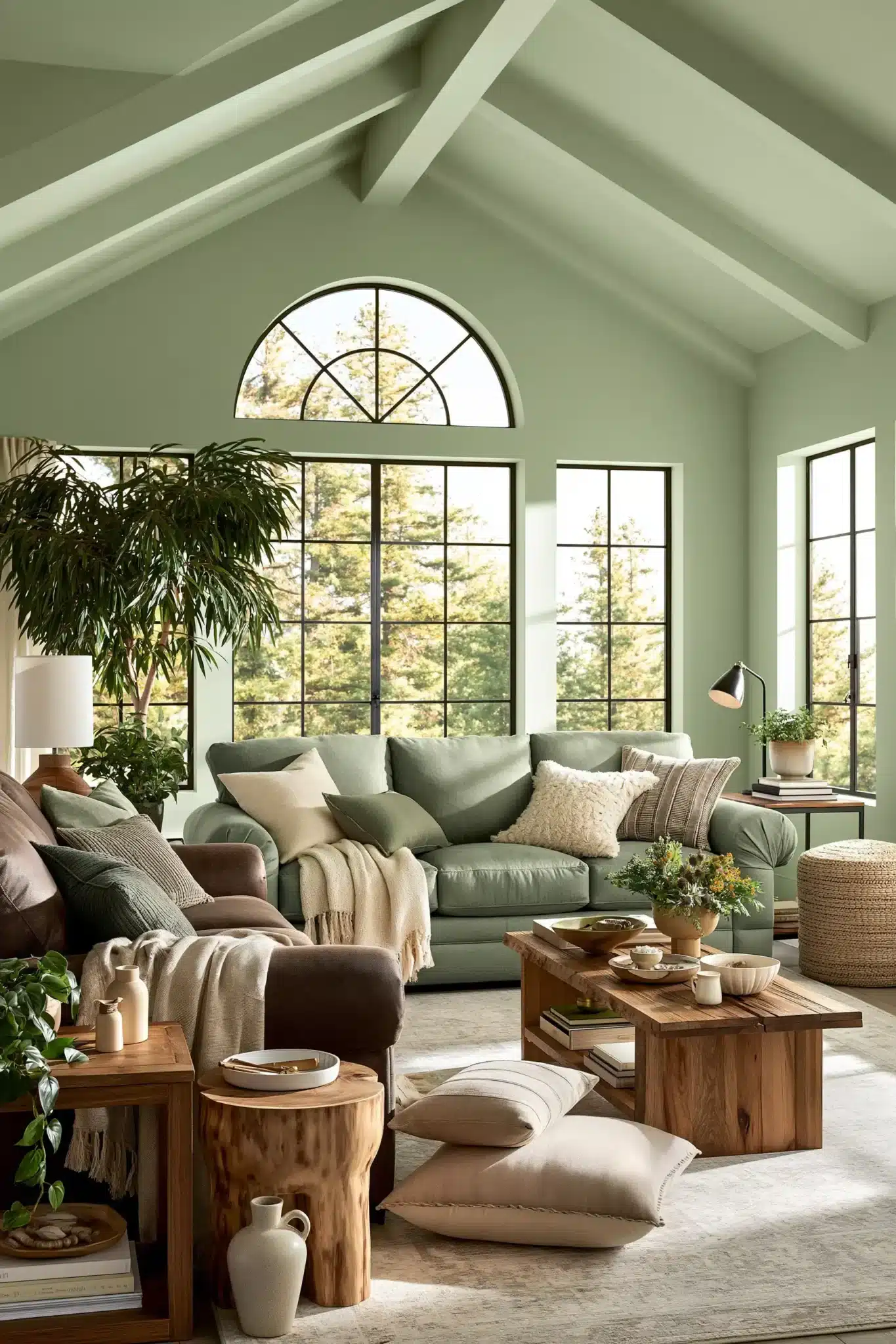 sage green and brown living room
