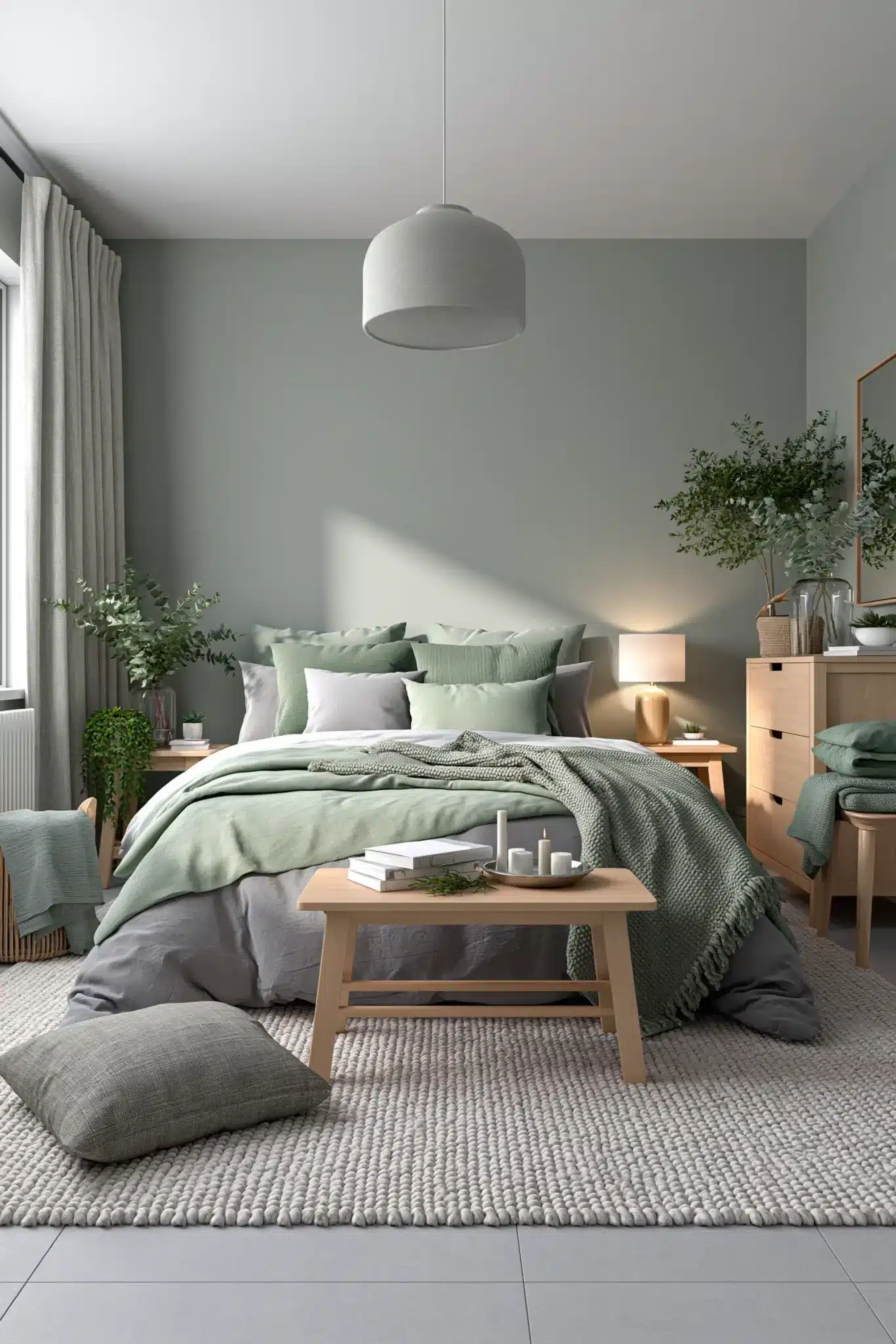 sage green and grey bedroom