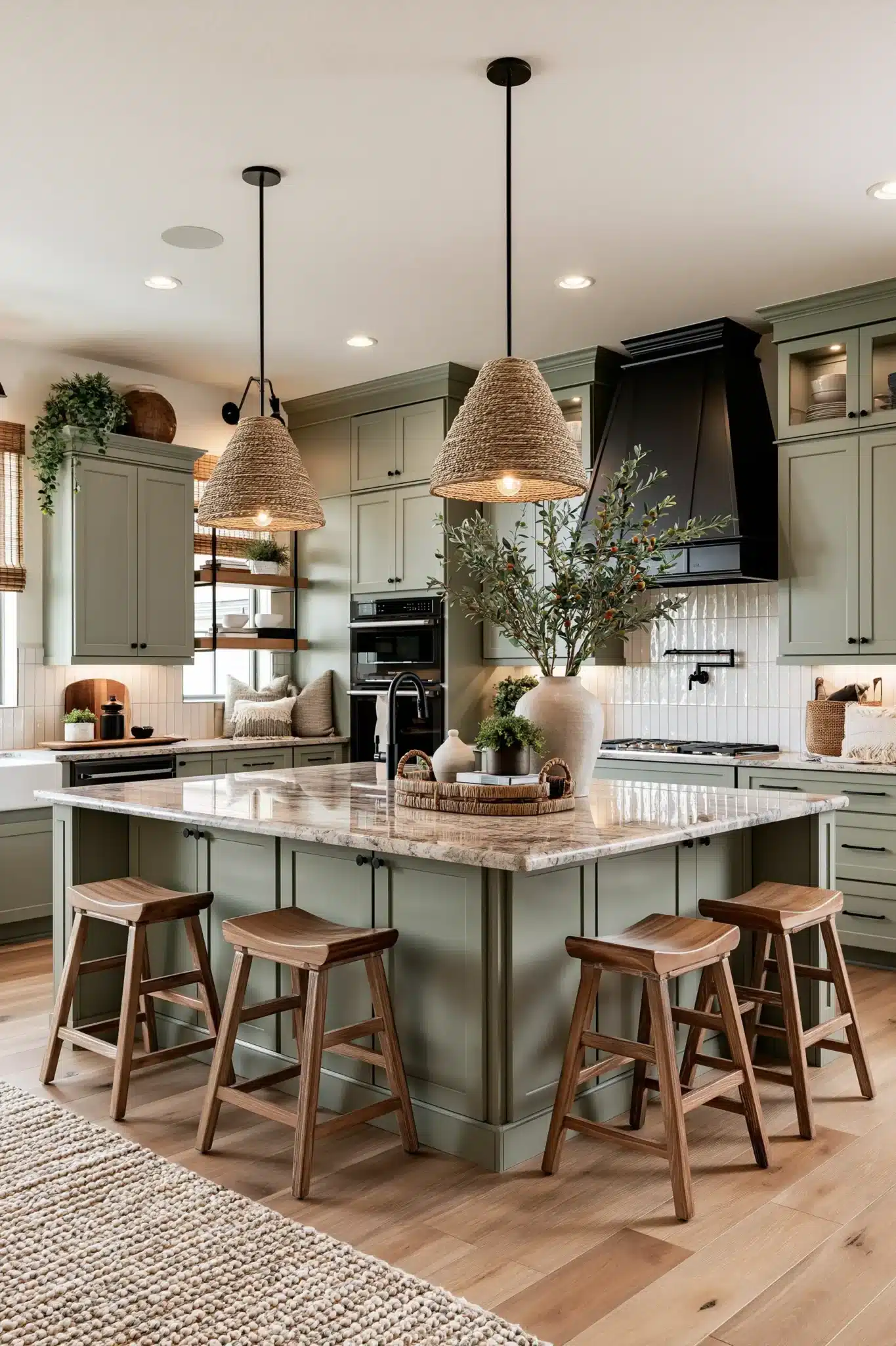 sage green and black kitchen