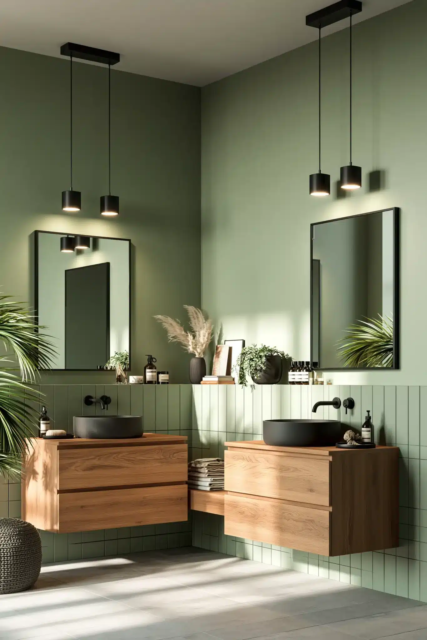 sage green and black bathroom