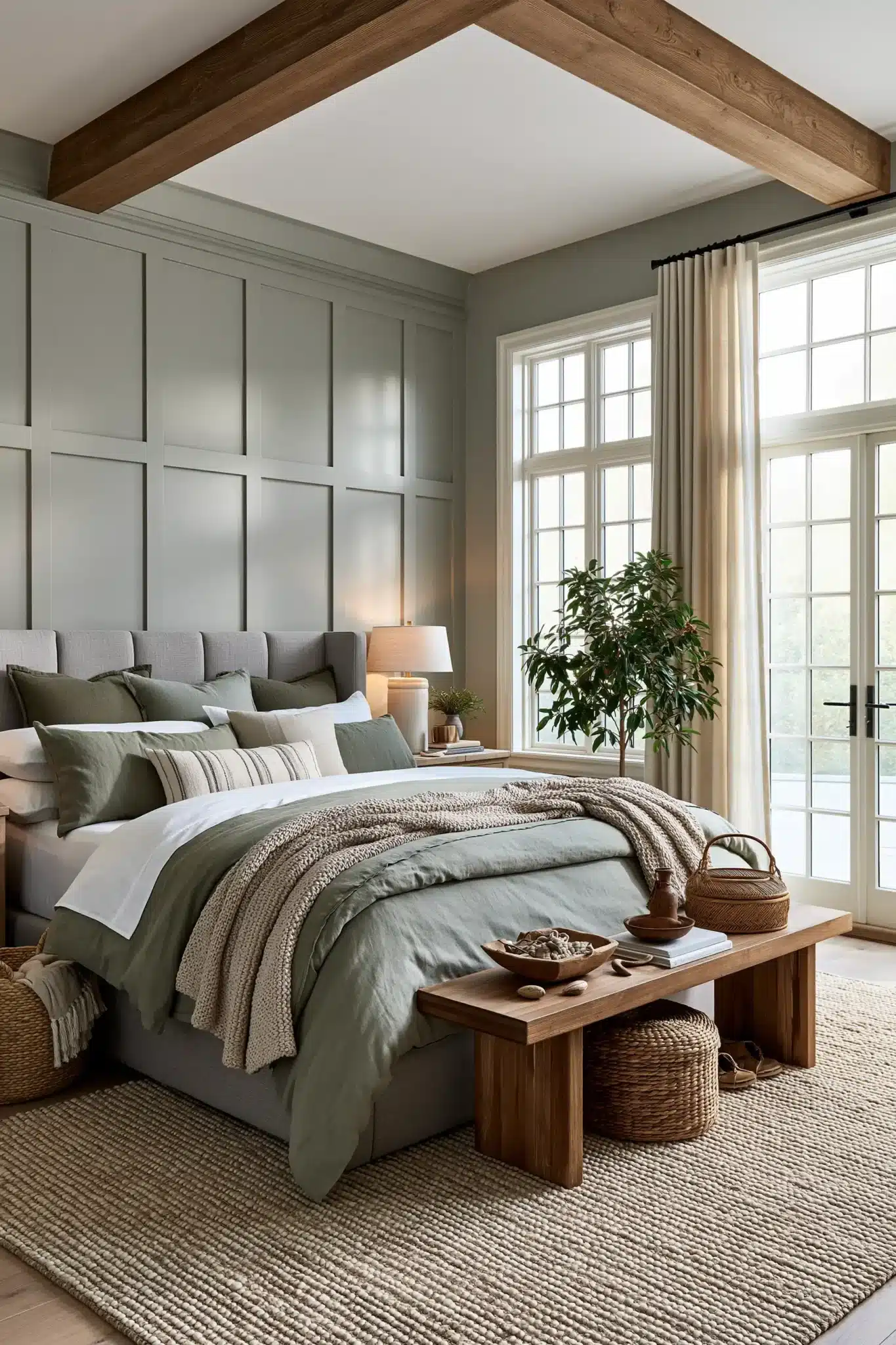 sage green and grey bedroom