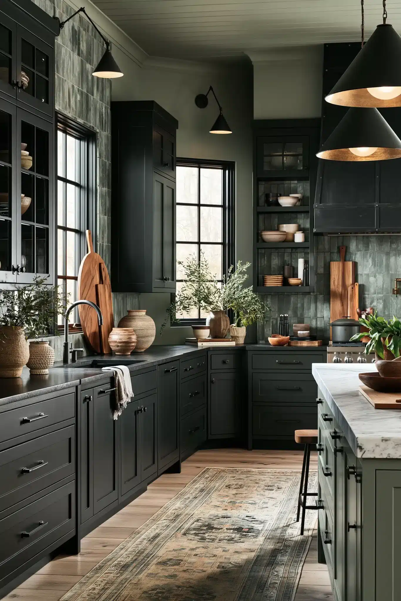 sage green and black kitchen