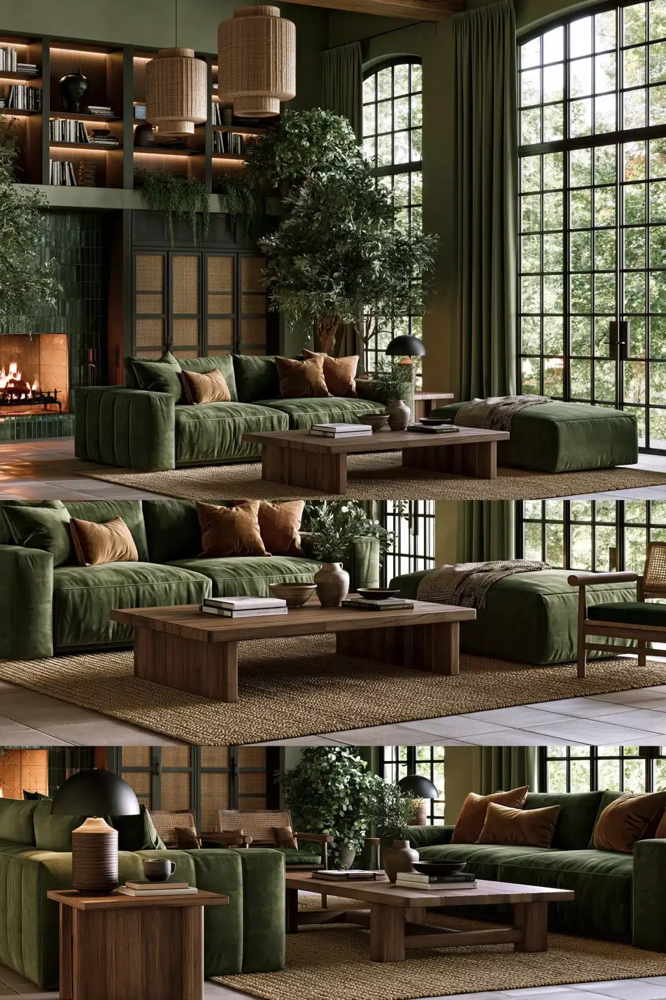 sage green and brown living room