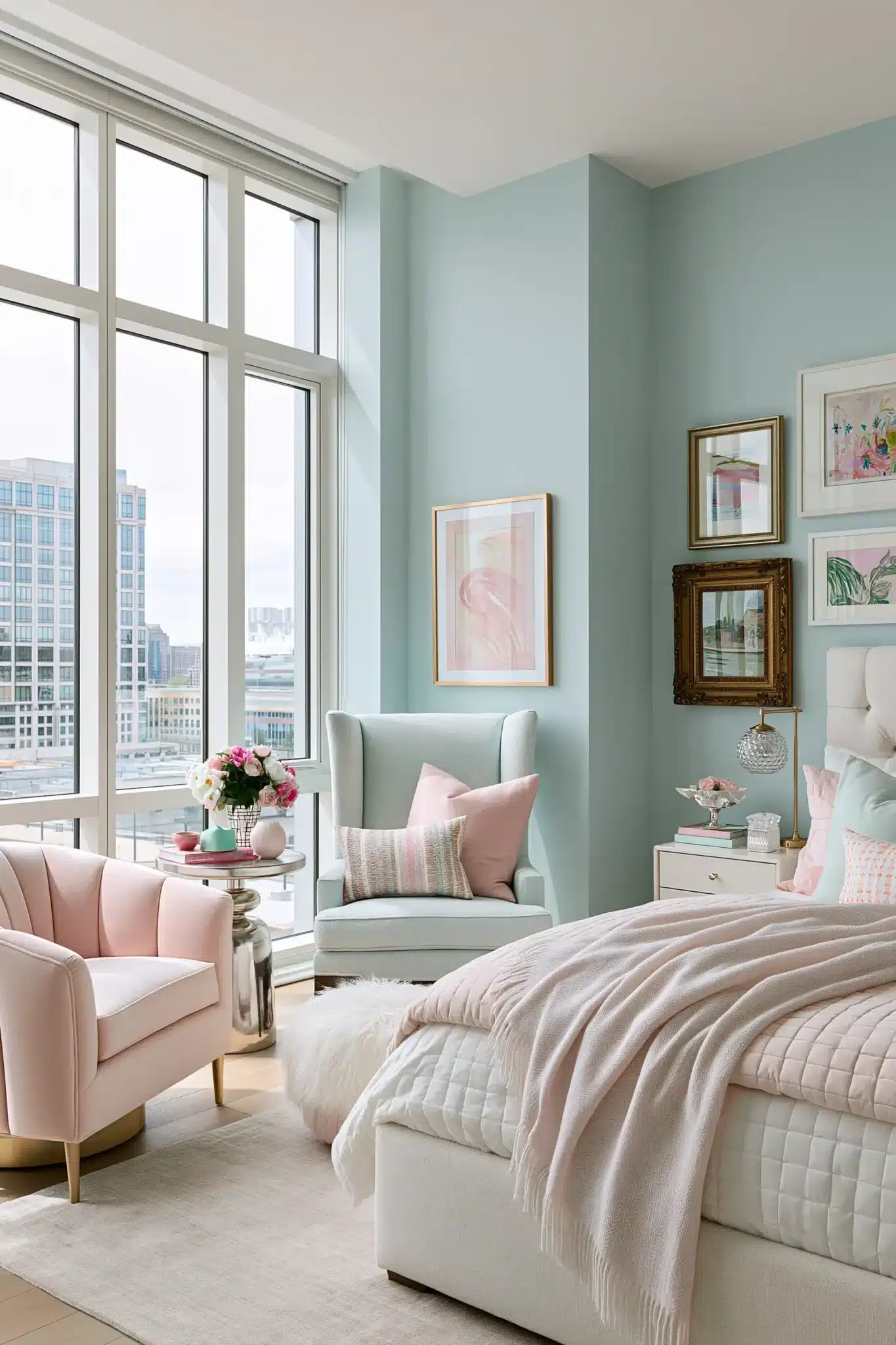 light blue and pink bedroom
