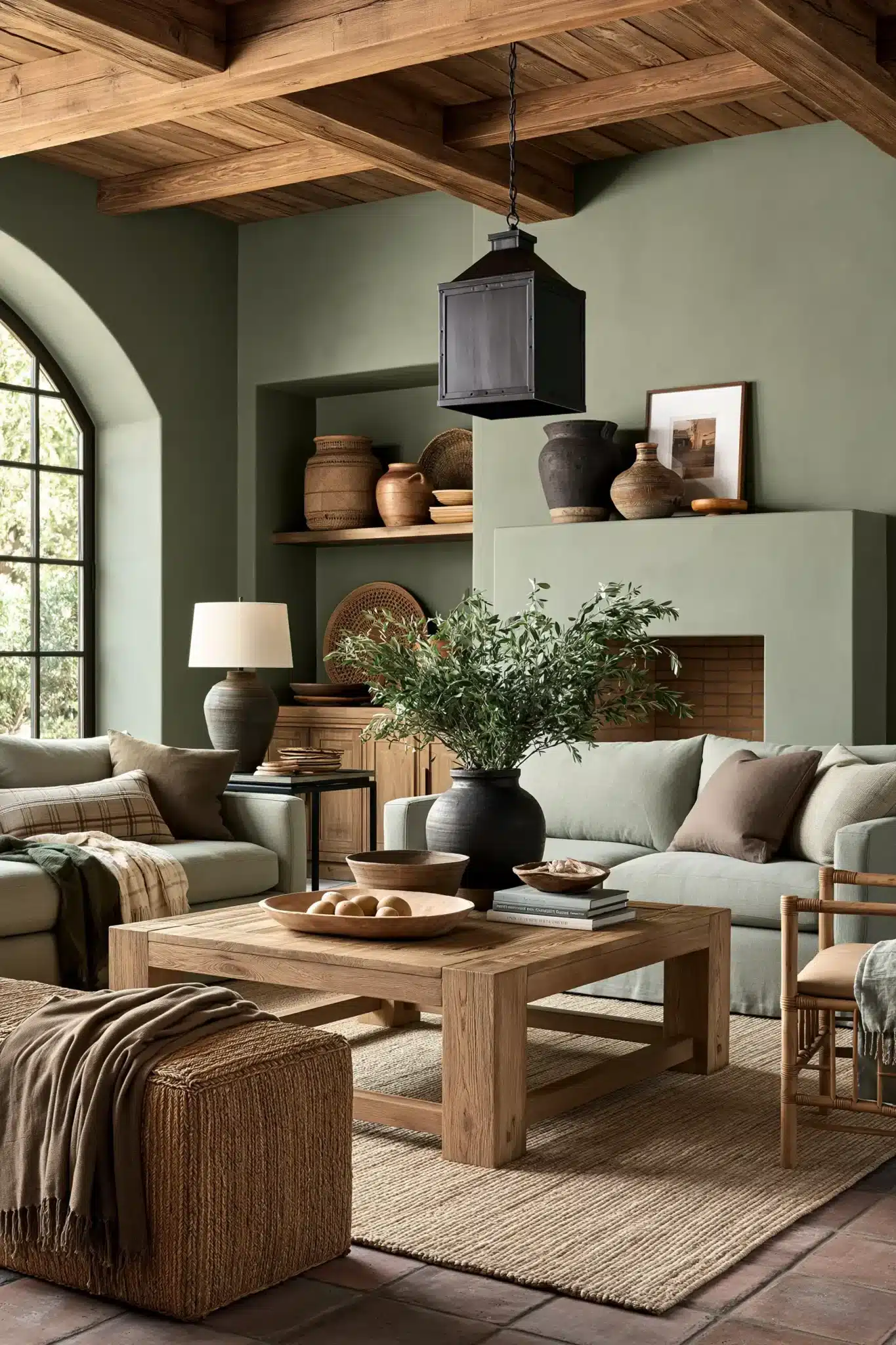 sage green and brown living room