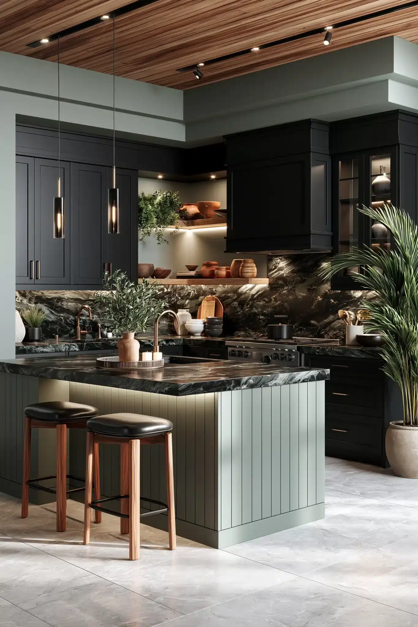 sage green and black kitchen