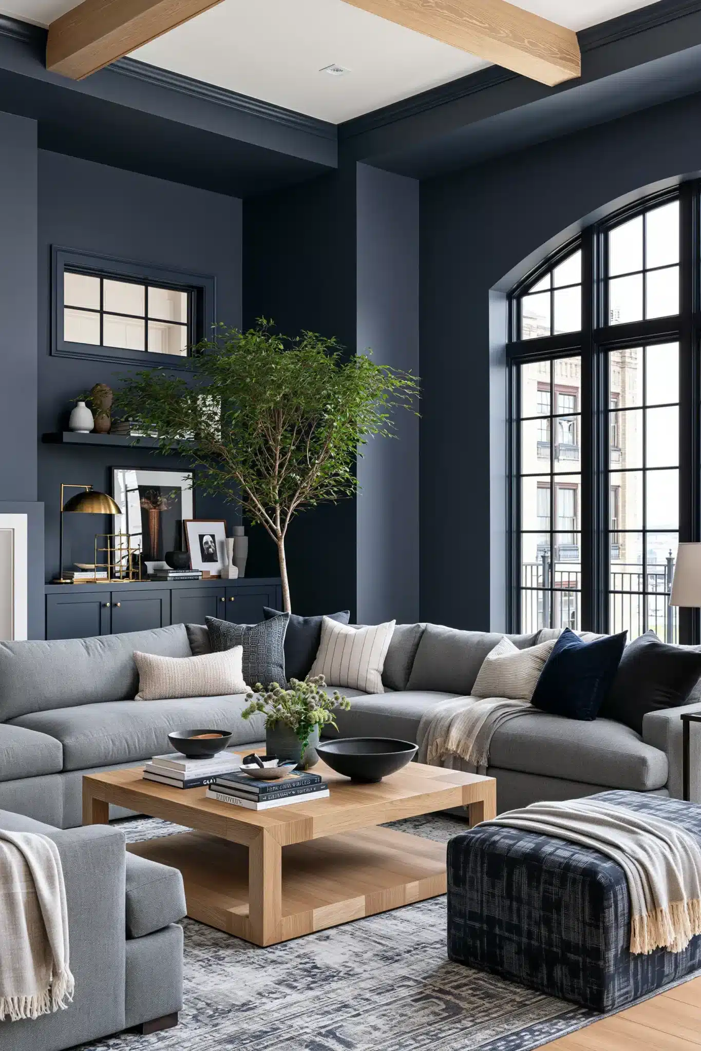 navy blue and grey living room