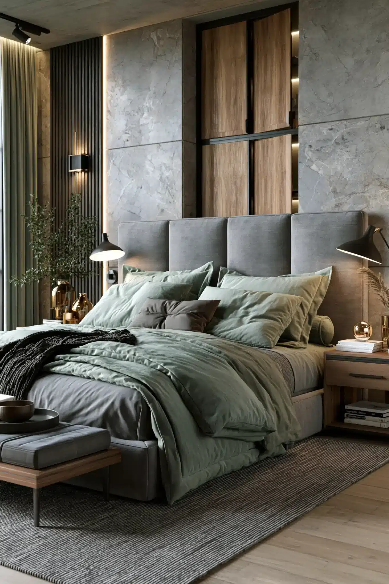 sage green and grey bedroom