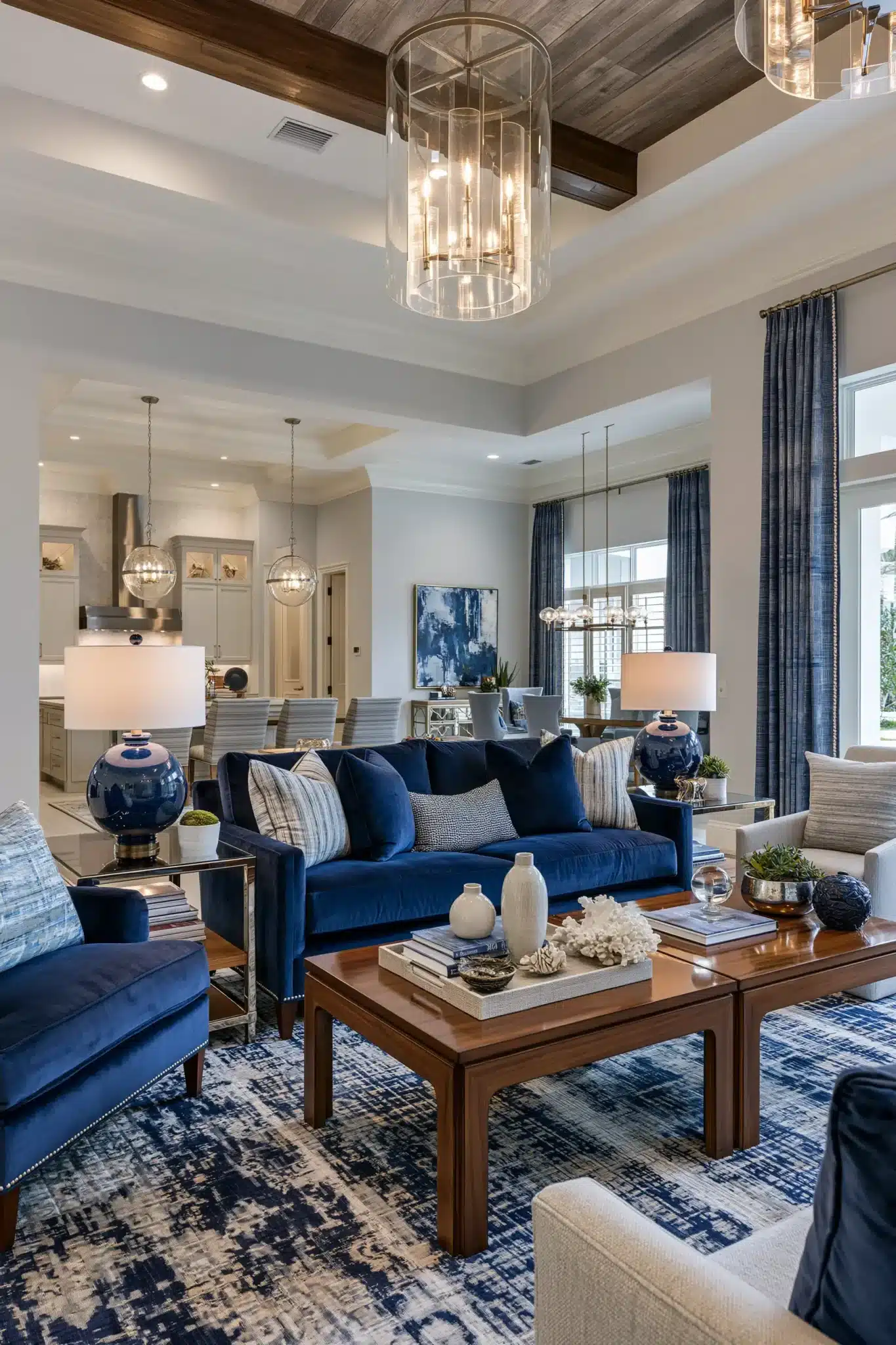 navy blue and grey living room