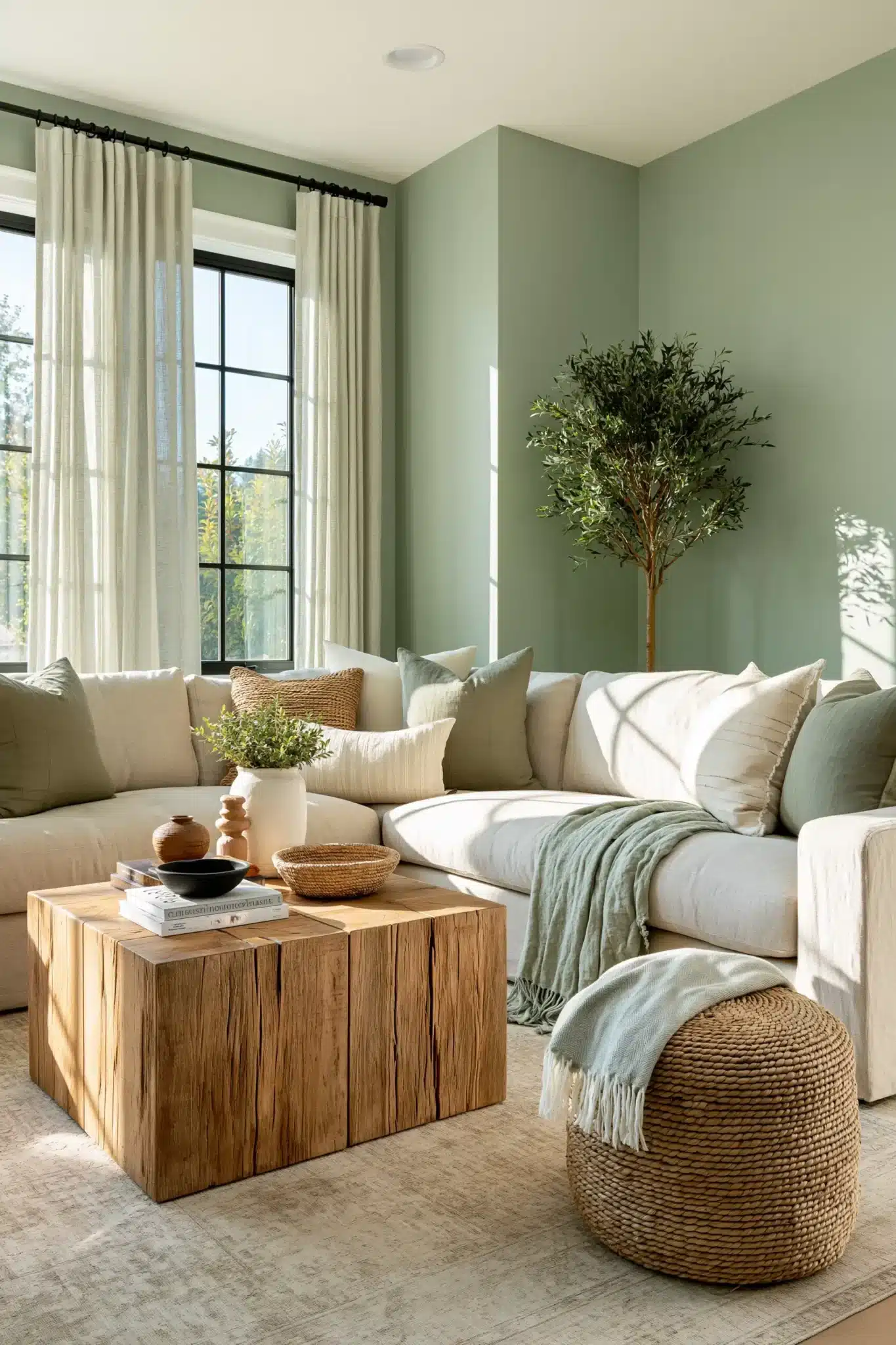 sage green and brown living room