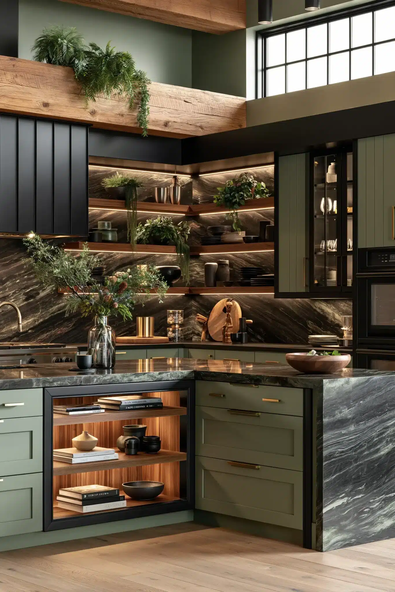 sage green and black kitchen