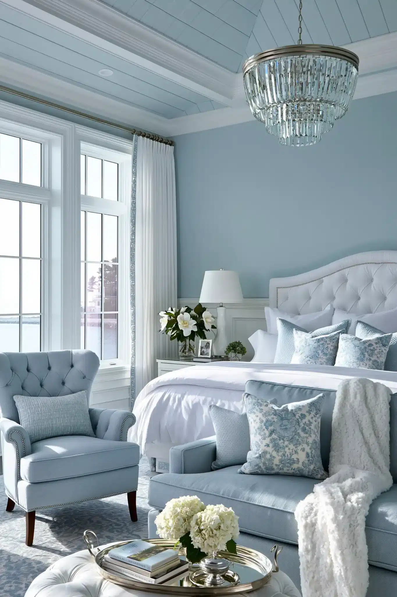light blue and white bedroom