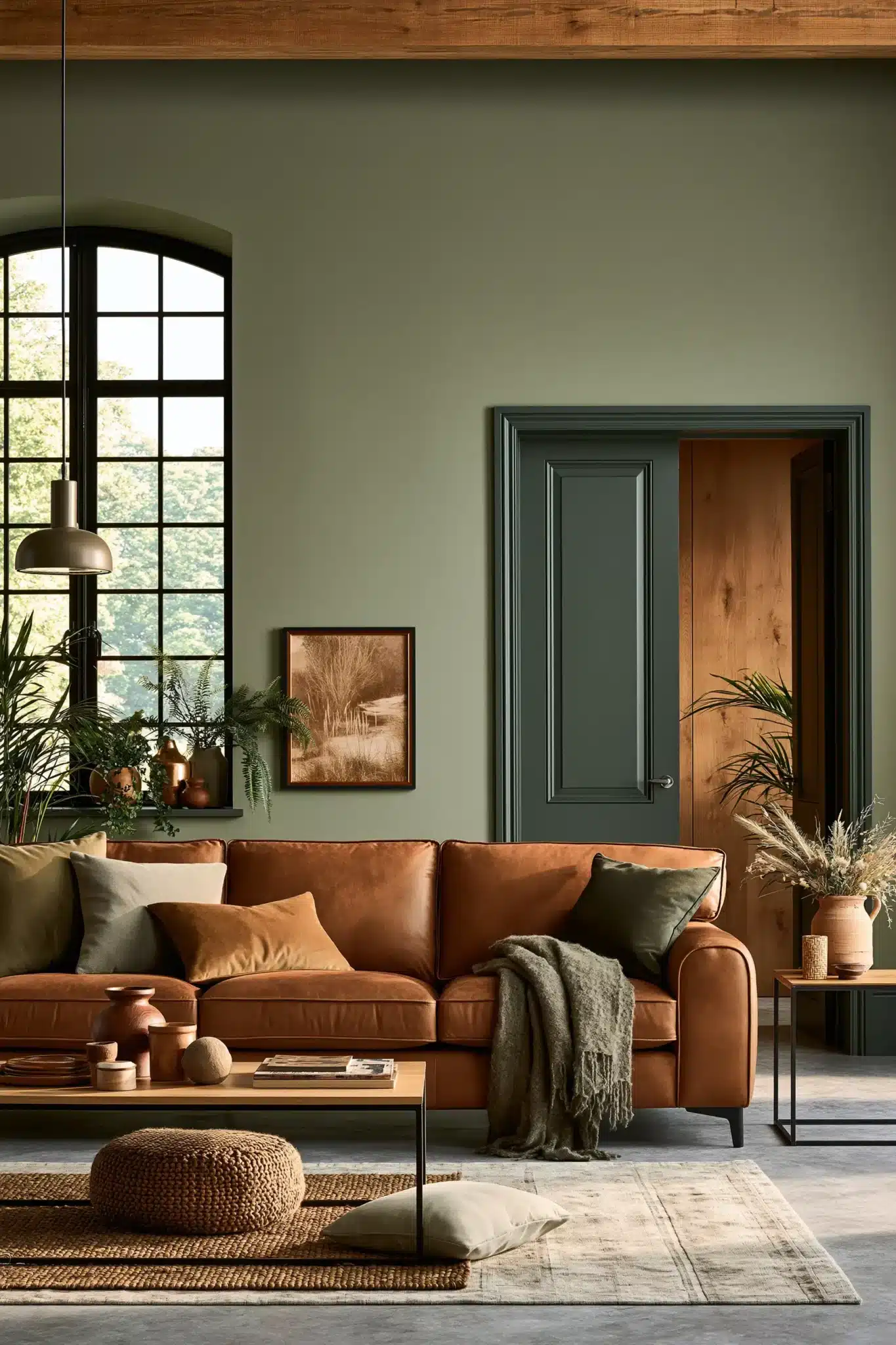 sage green and brown living room