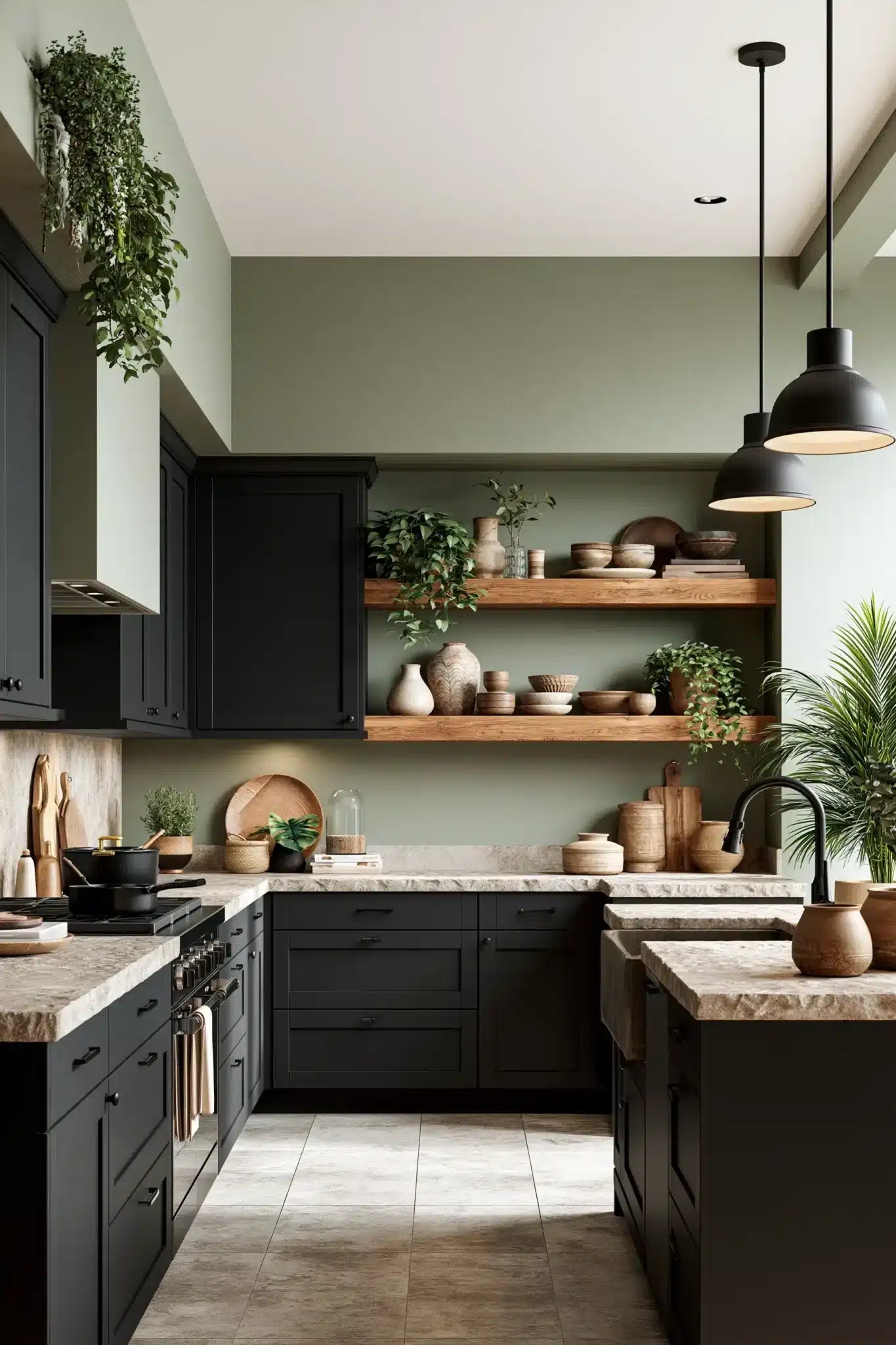 sage green and black kitchen