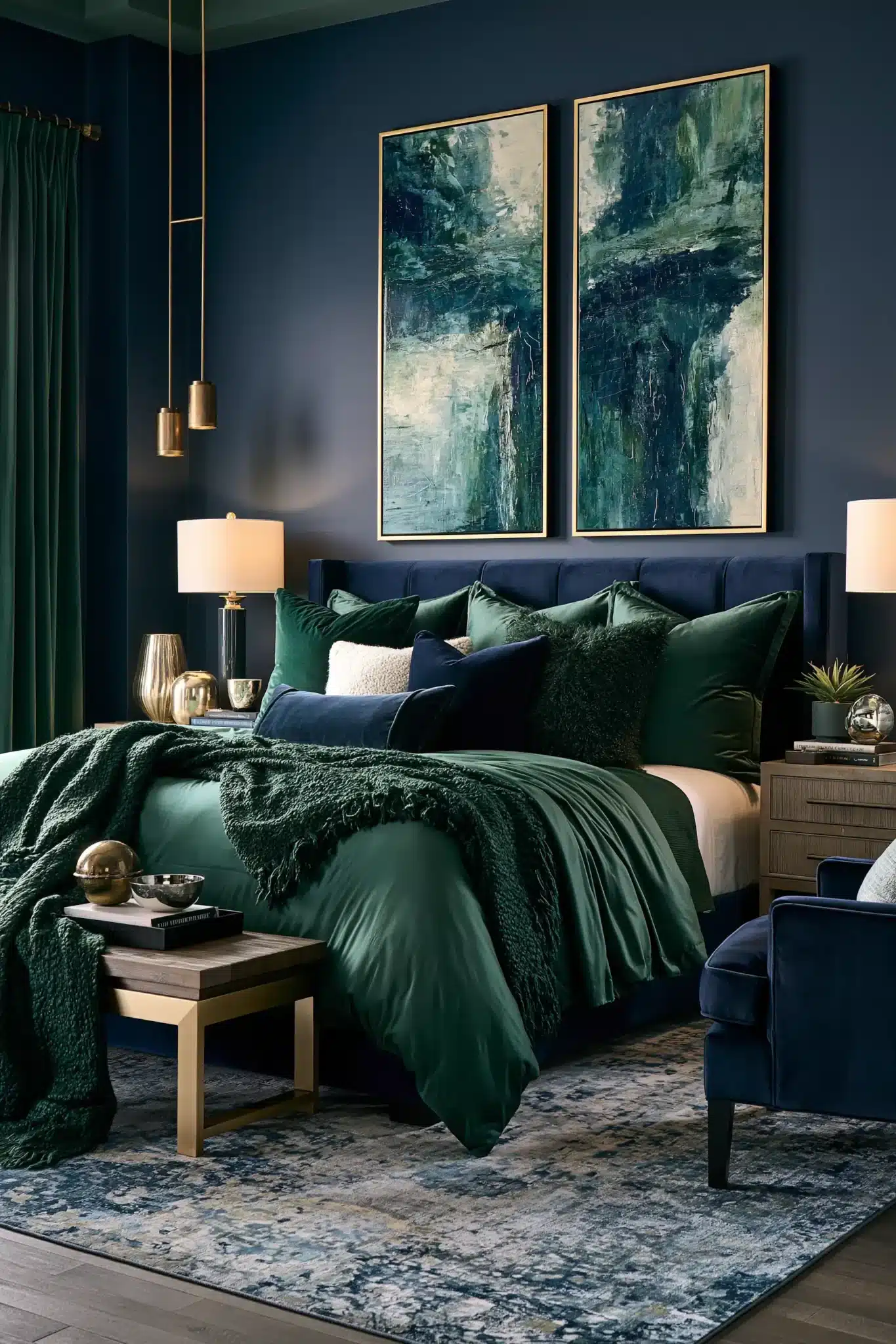 navy blue and green bedroom
