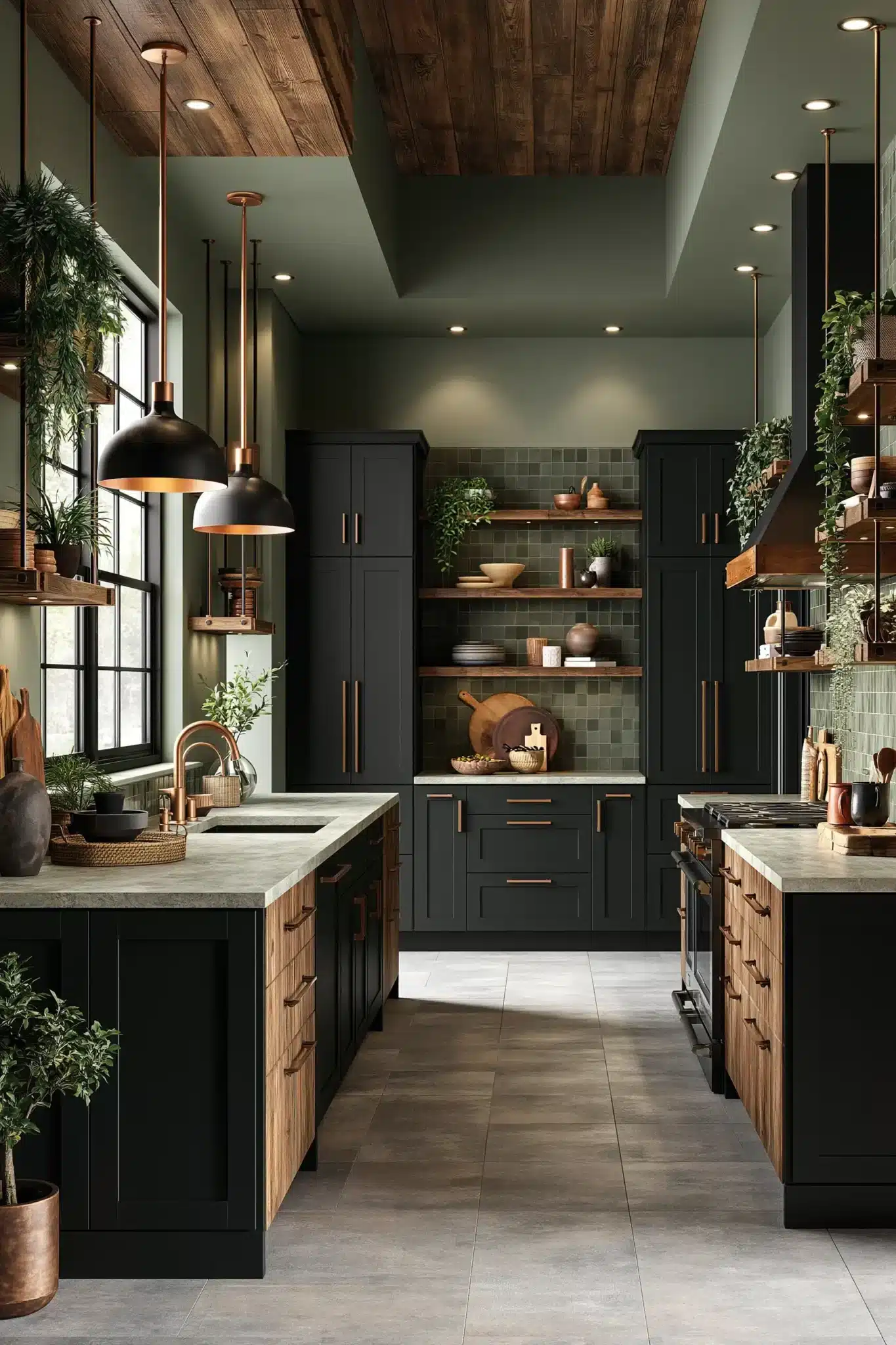 sage green and black kitchen