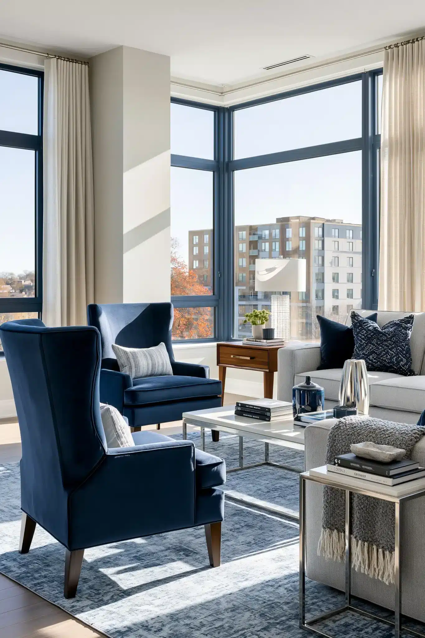 navy blue and grey living room