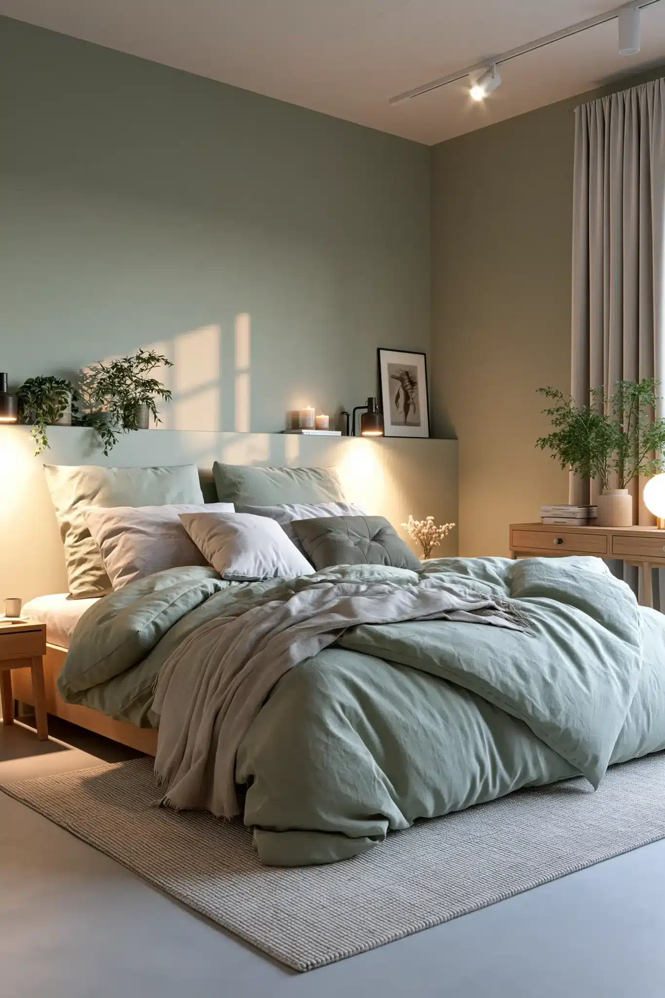 sage green and grey bedroom