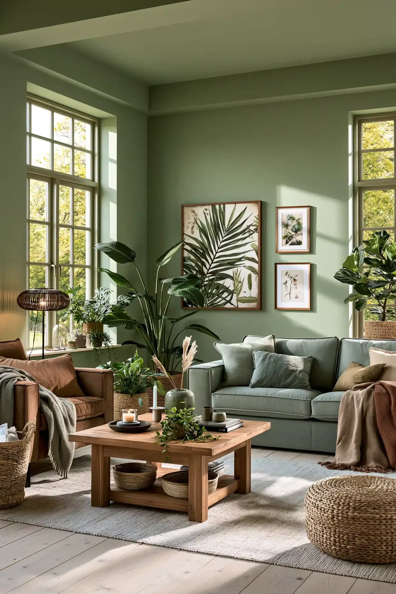 sage green and brown living room