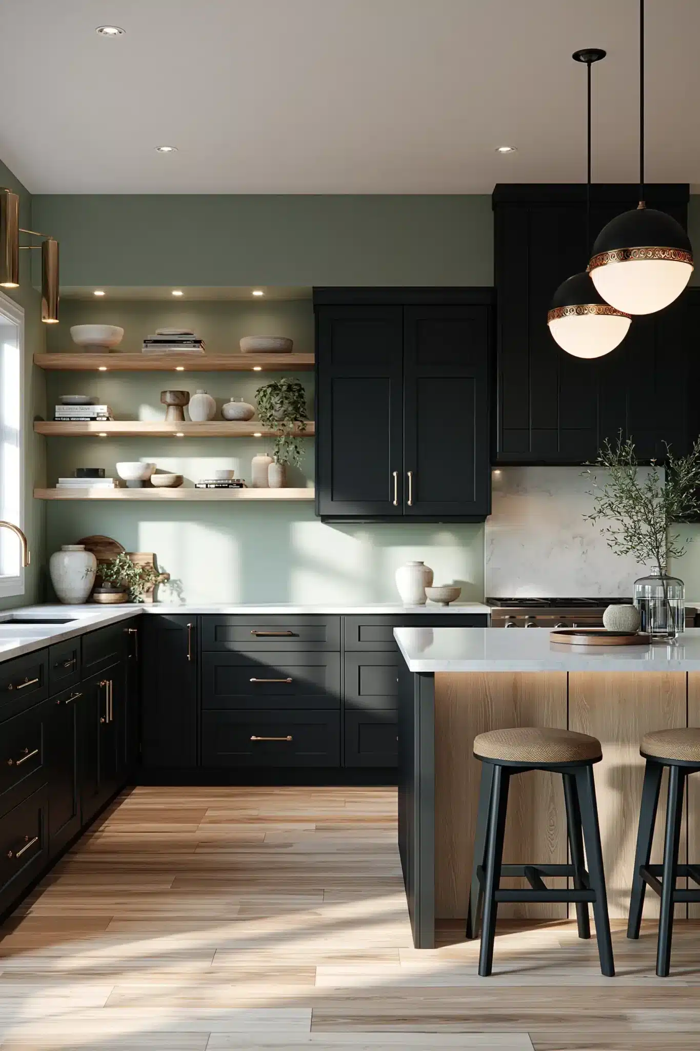 sage green and black kitchen