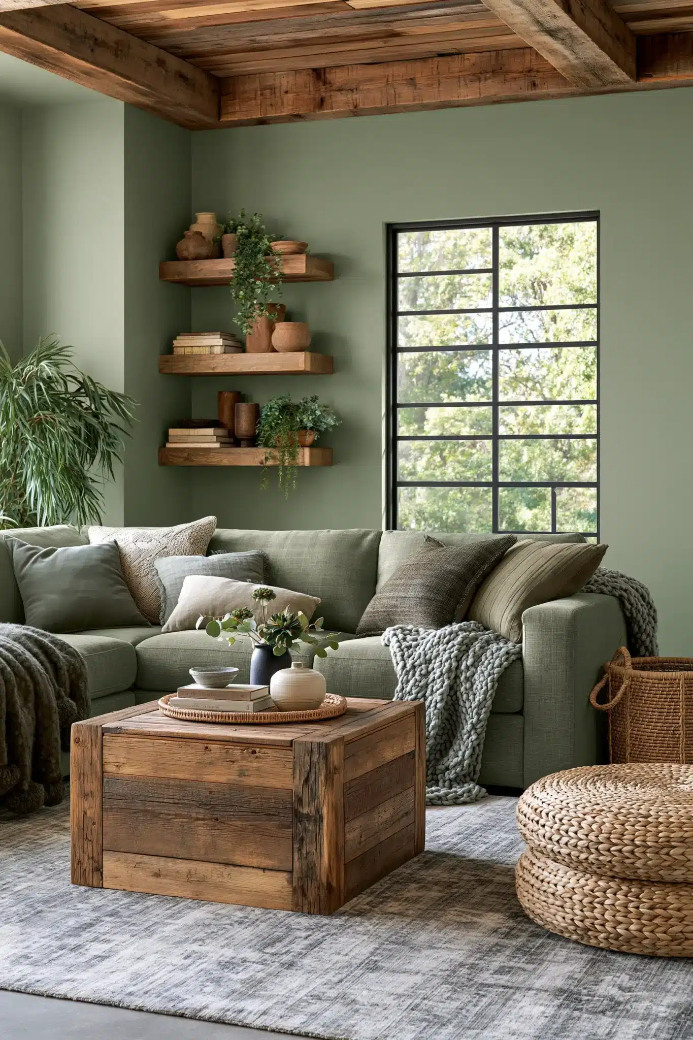 sage green and brown living room