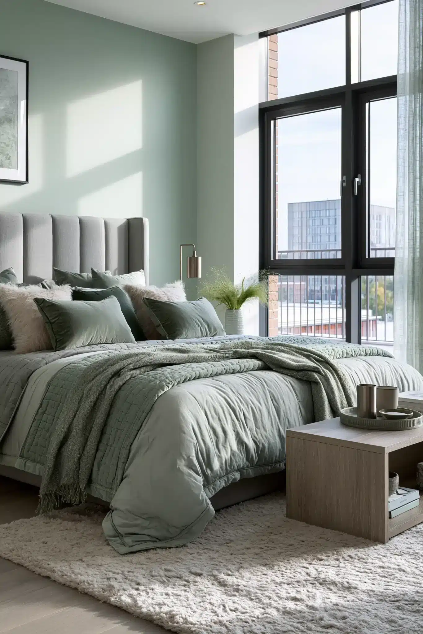 sage green and grey bedroom