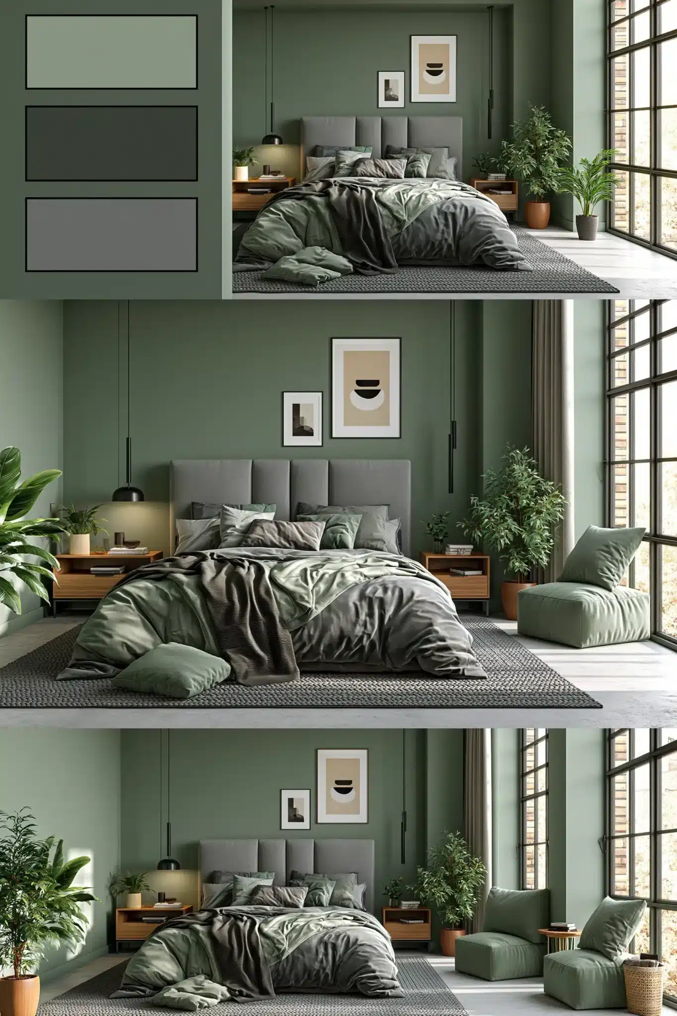 sage green and grey bedroom