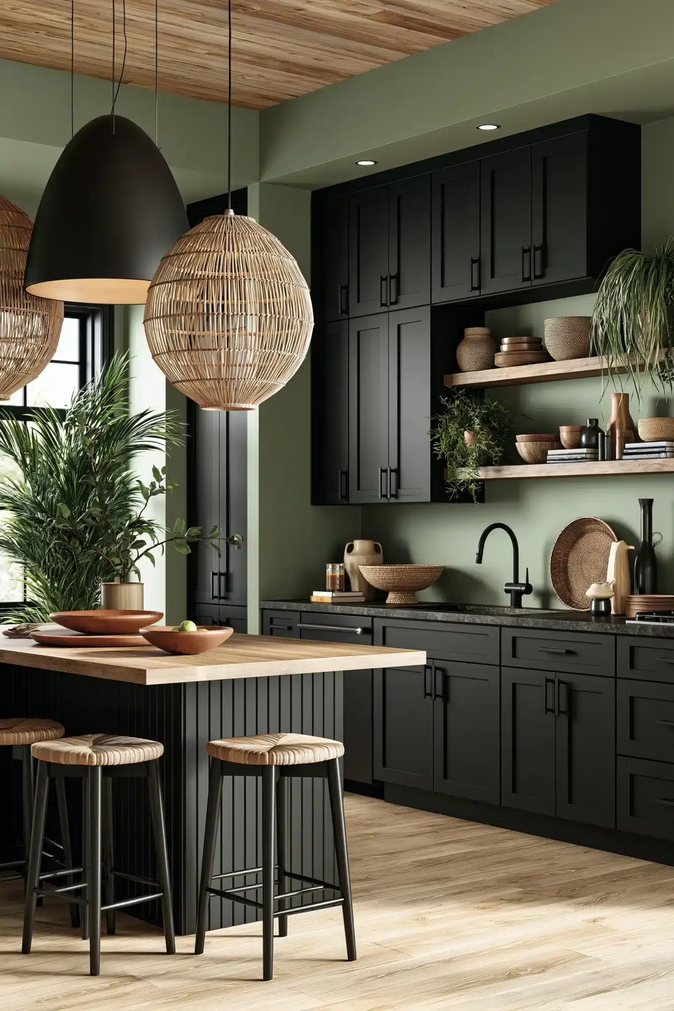 sage green and black kitchen