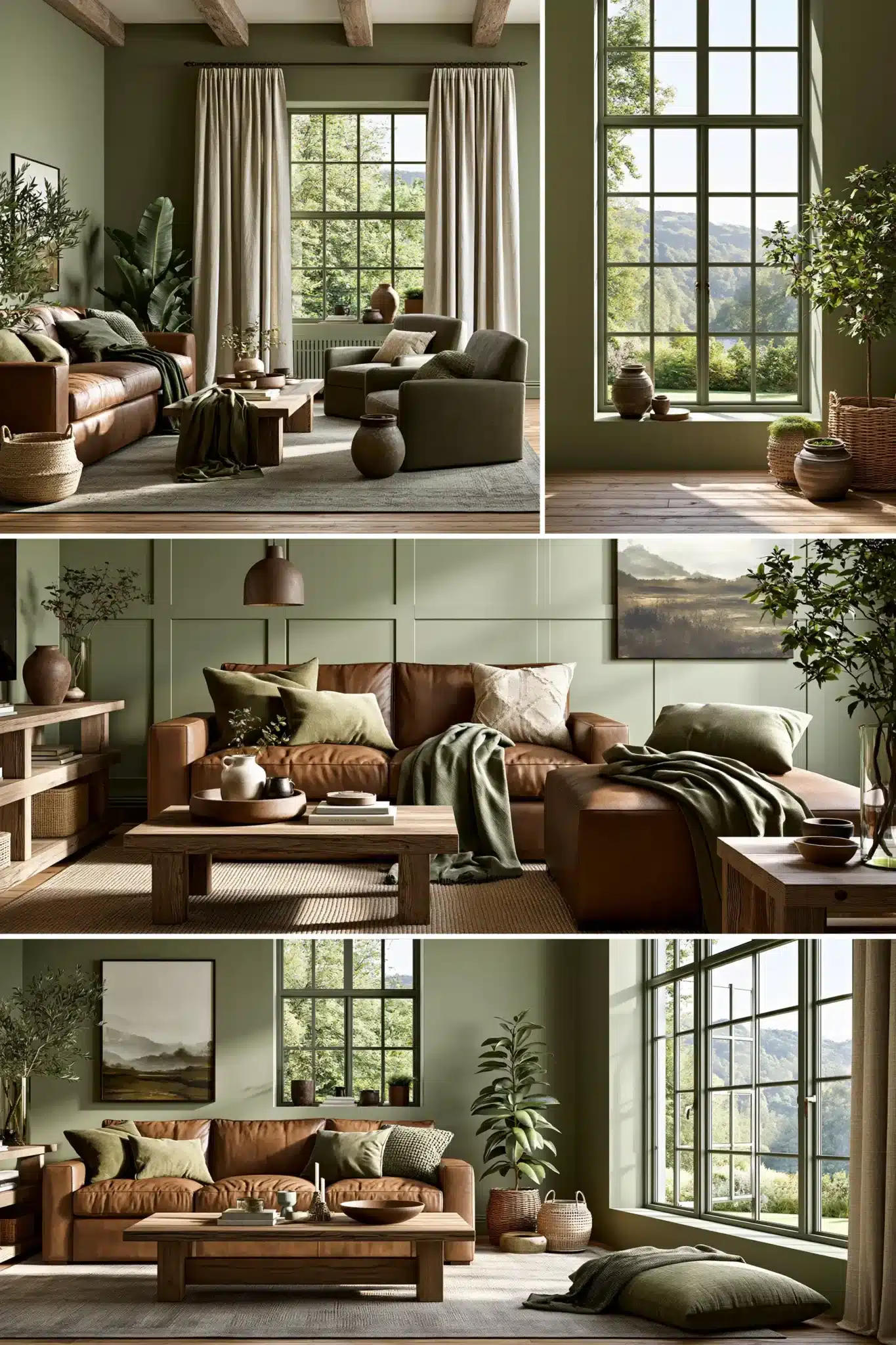 sage green and brown living room