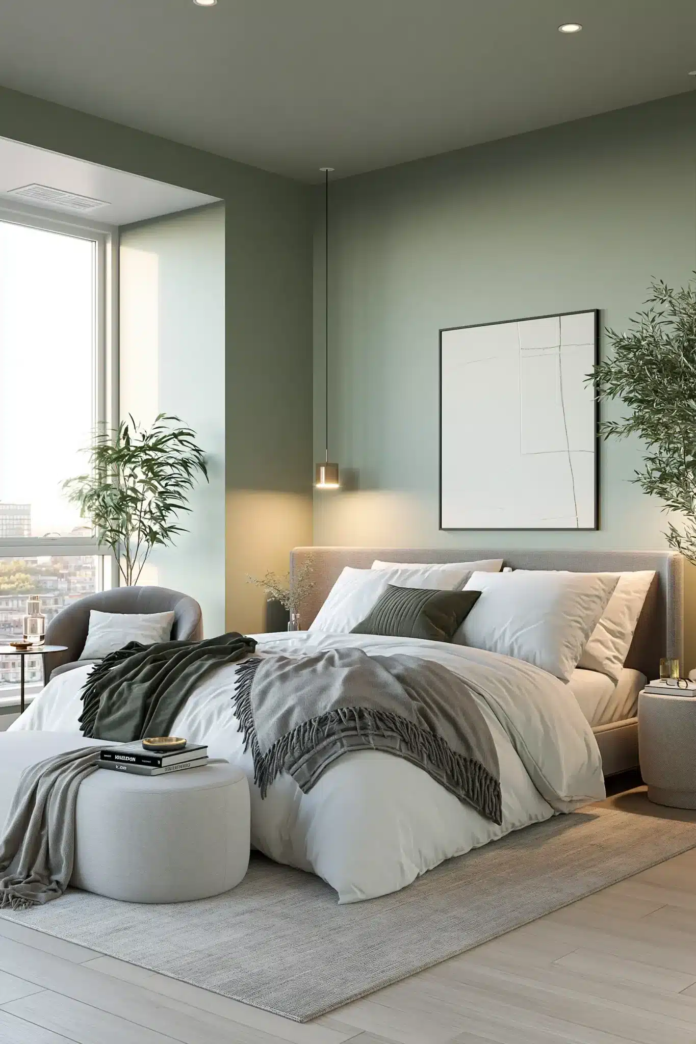 sage green and grey bedroom