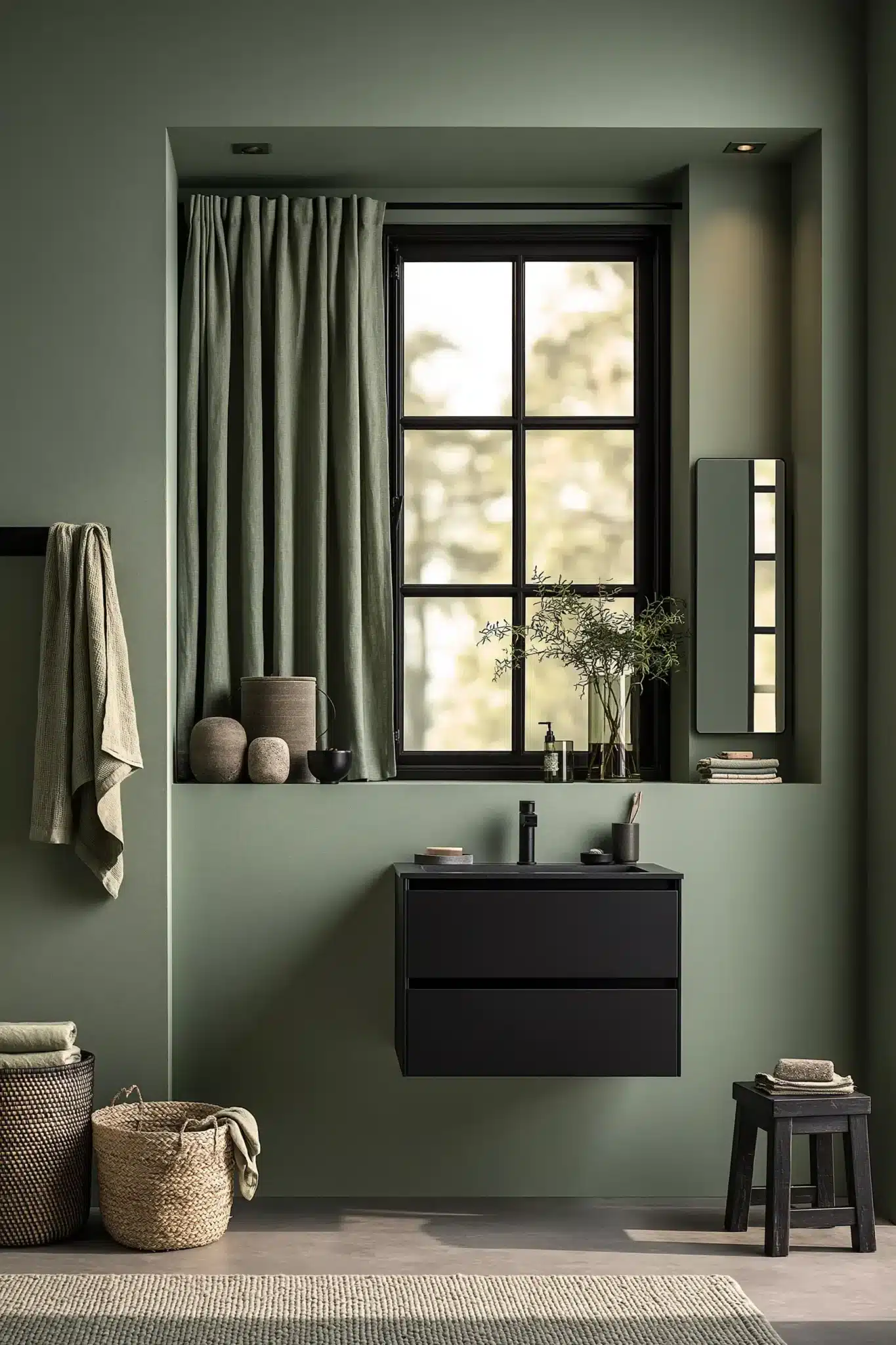 sage green and black bathroom